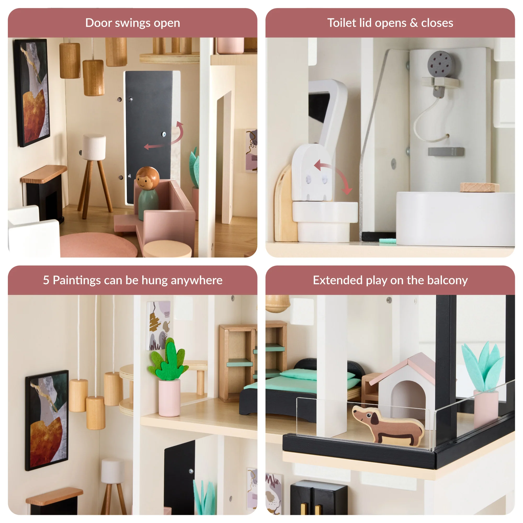 Pretend Play Wooden Doll House w/ 40 Accessories, Modern Toy Playset - Image 4