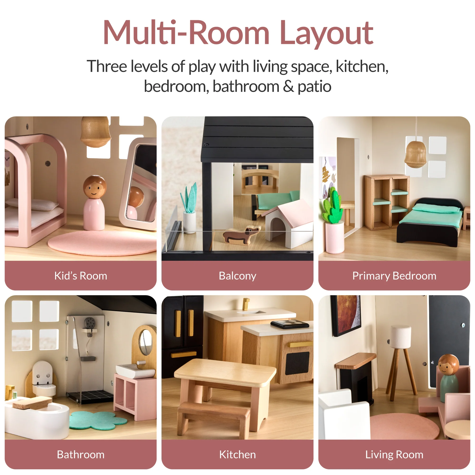 Pretend Play Wooden Doll House w/ 40 Accessories, Modern Toy Playset - Image 6