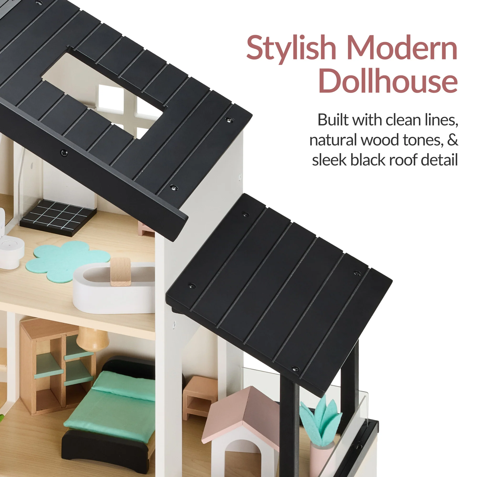 Pretend Play Wooden Doll House w/ 40 Accessories, Modern Toy Playset - Image 7
