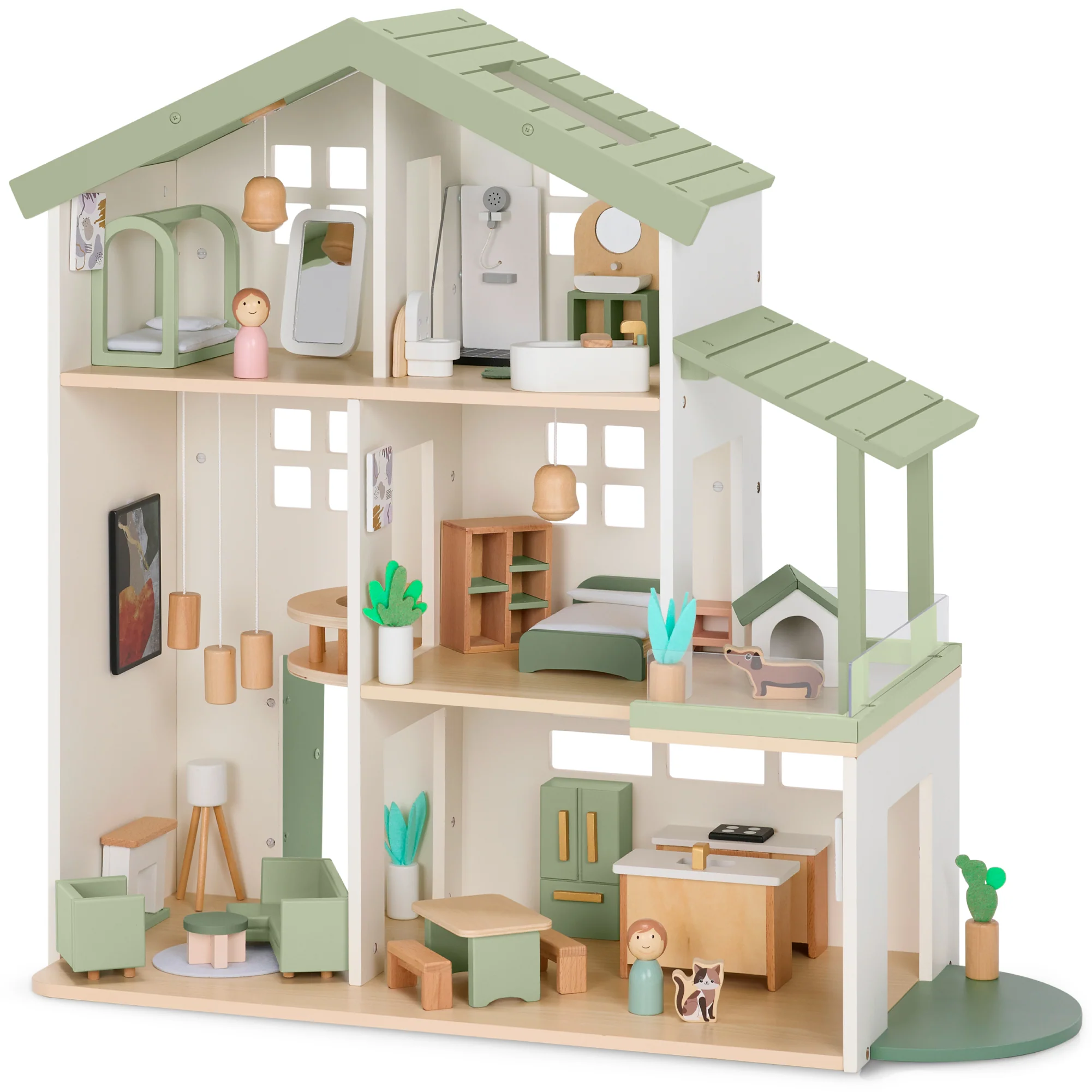 Pretend Play Wooden Doll House w/ 40 Accessories, Modern Toy Playset - Image 9