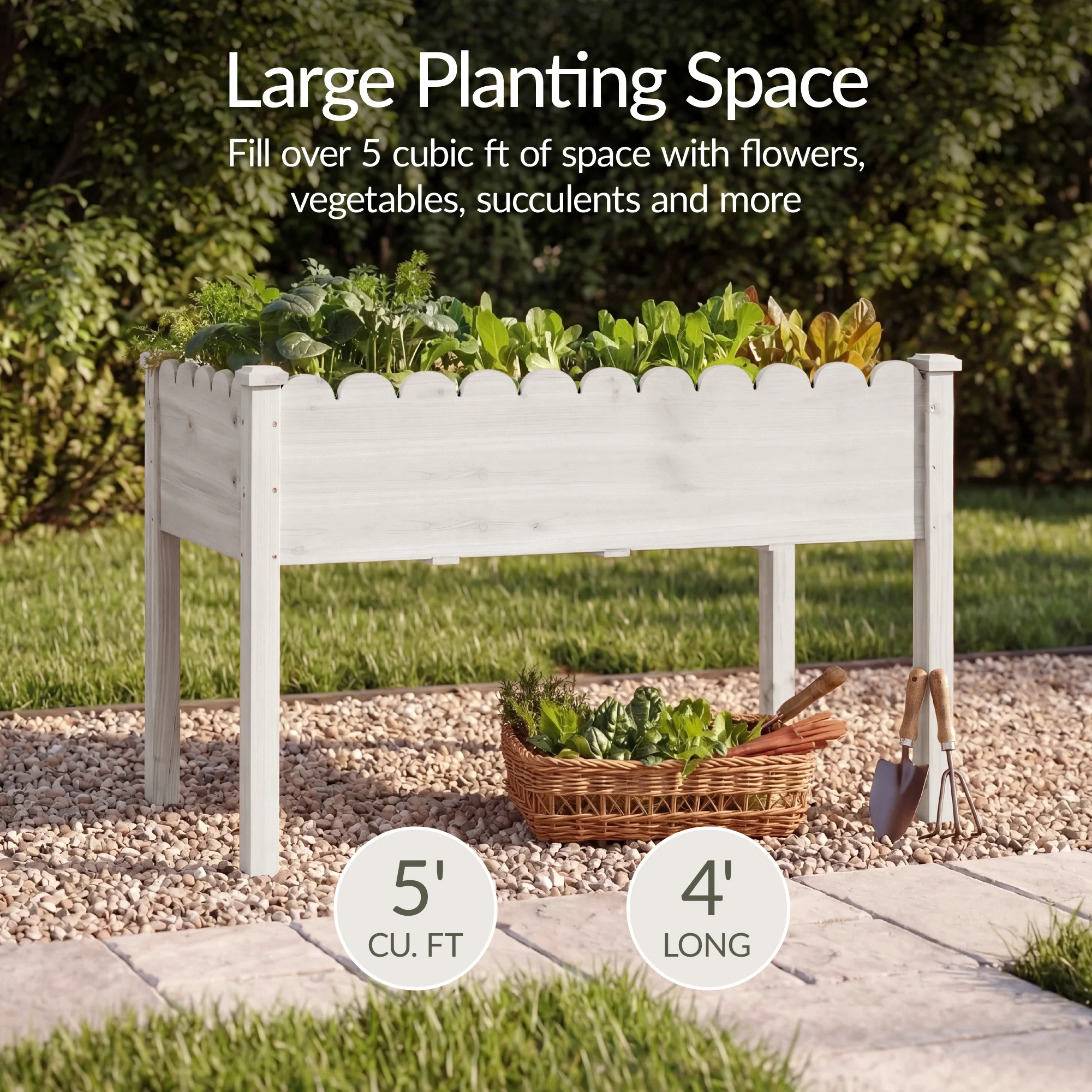 Raised Garden Bed, Scalloped Elevated Wooden Planter Box - 48x24x30in - Image 13