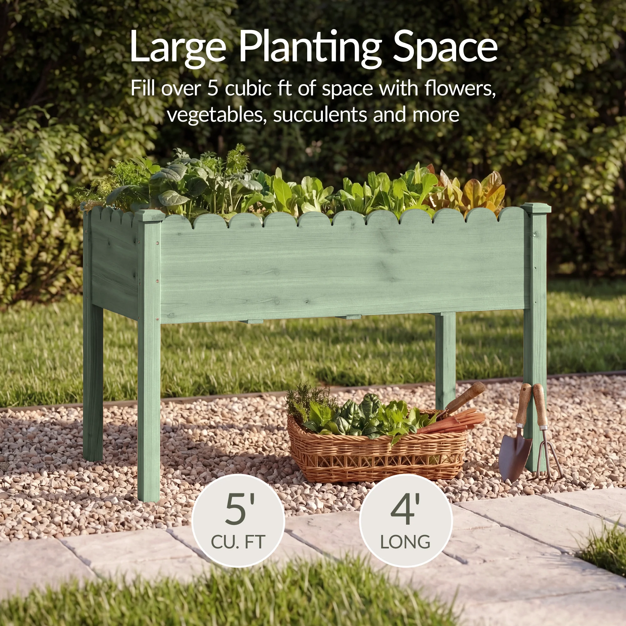 Raised Garden Bed, Scalloped Elevated Wooden Planter Box - 48x24x30in - Image 5