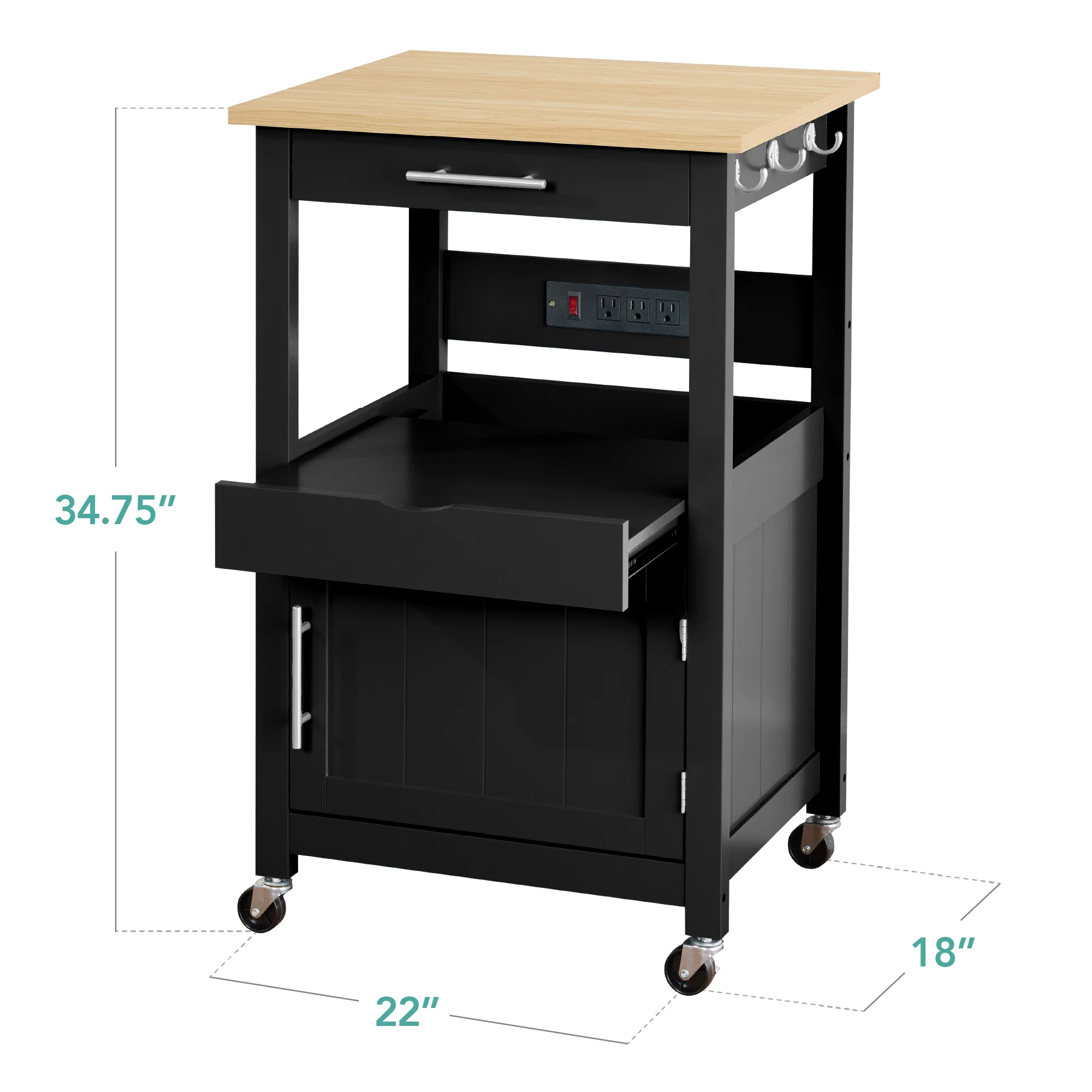Rolling Kitchen Island Cart, Cabinet W/ Drawer, Sliding Tray, Outlet, Wheels - Image 11