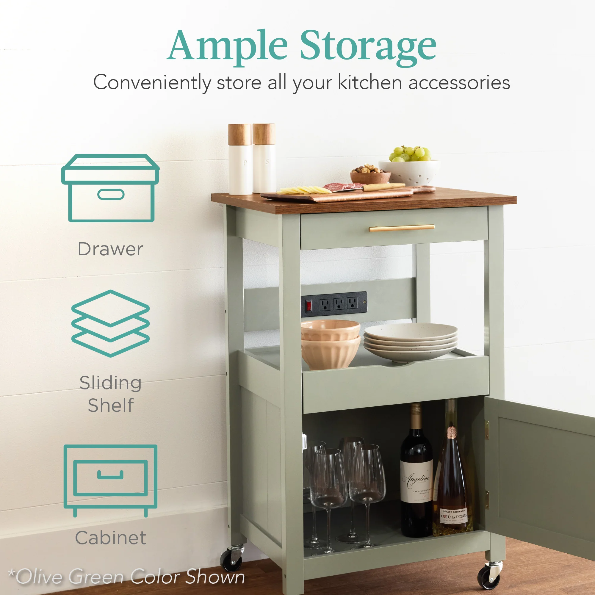 Rolling Kitchen Island Cart, Cabinet W/ Drawer, Sliding Tray, Outlet, Wheels - Image 17