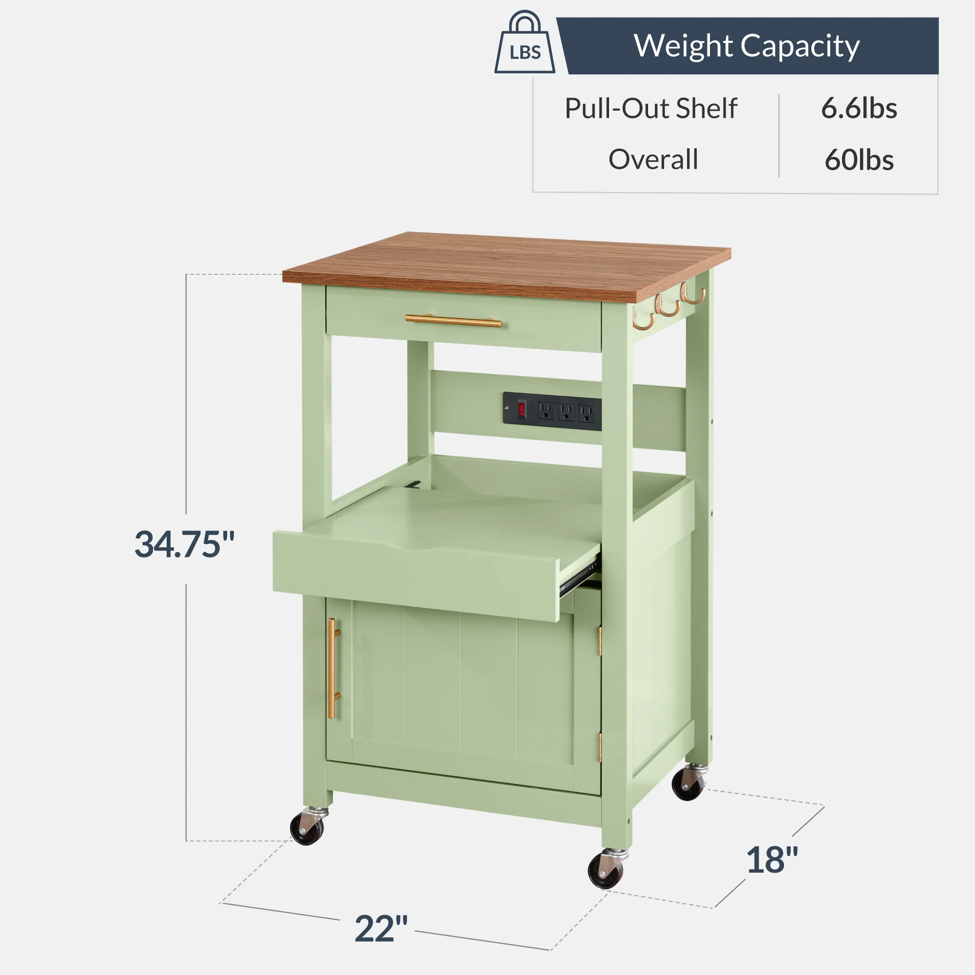 Rolling Kitchen Island Cart, Cabinet W/ Drawer, Sliding Tray, Outlet, Wheels - Image 20