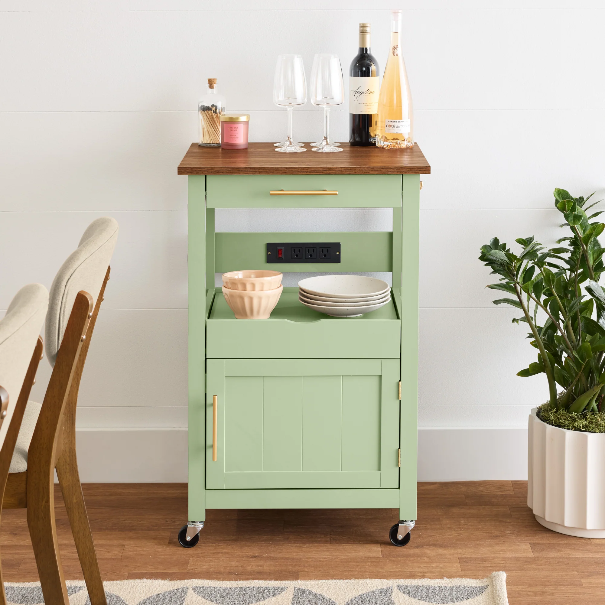 Rolling Kitchen Island Cart, Cabinet W/ Drawer, Sliding Tray, Outlet, Wheels - Image 25
