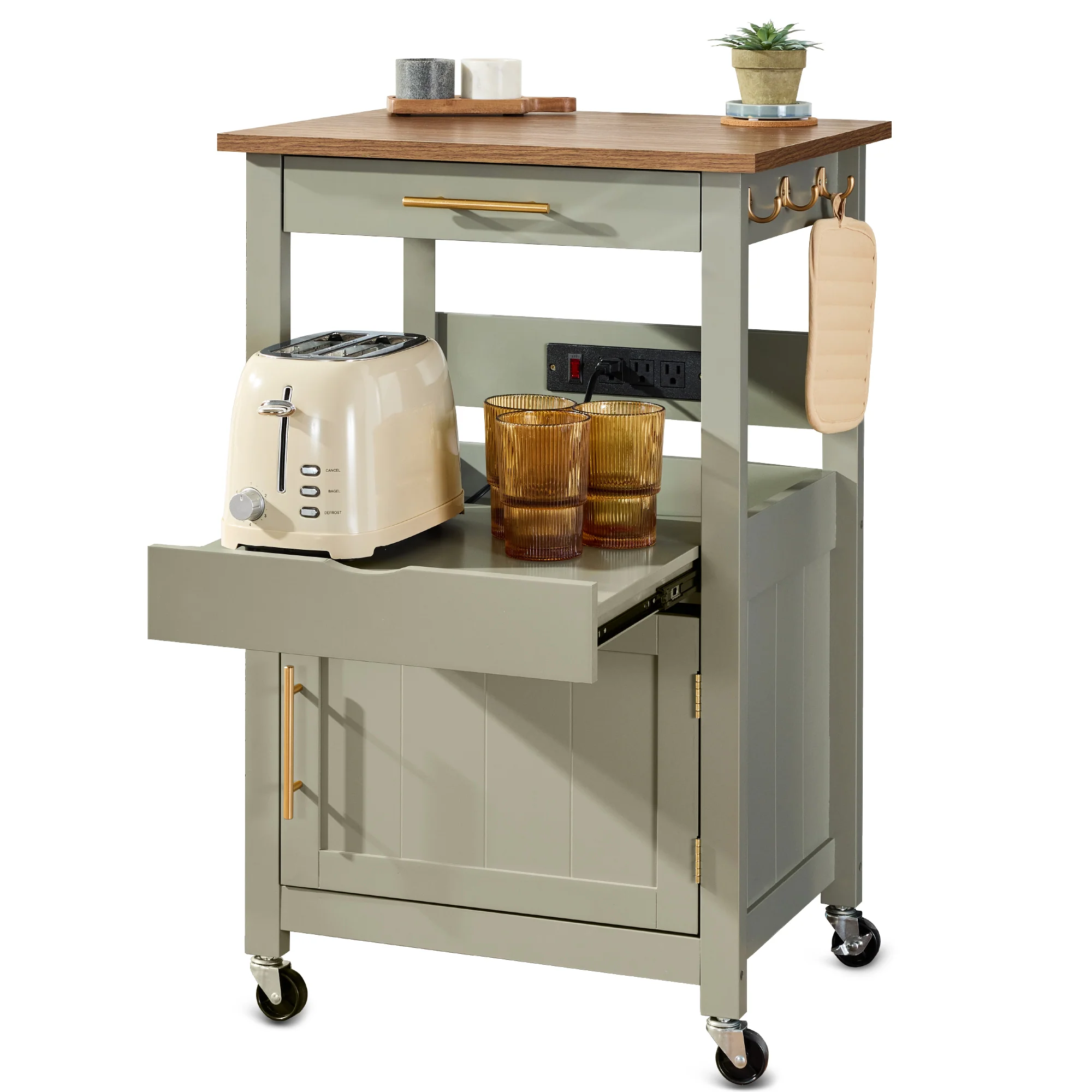 Rolling Kitchen Island Cart, Cabinet W/ Drawer, Sliding Tray, Outlet, Wheels - Image 46
