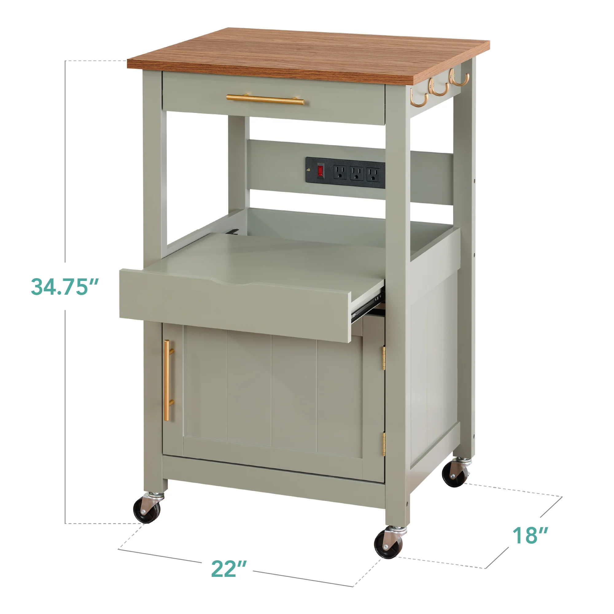 Rolling Kitchen Island Cart, Cabinet W/ Drawer, Sliding Tray, Outlet, Wheels - Image 47