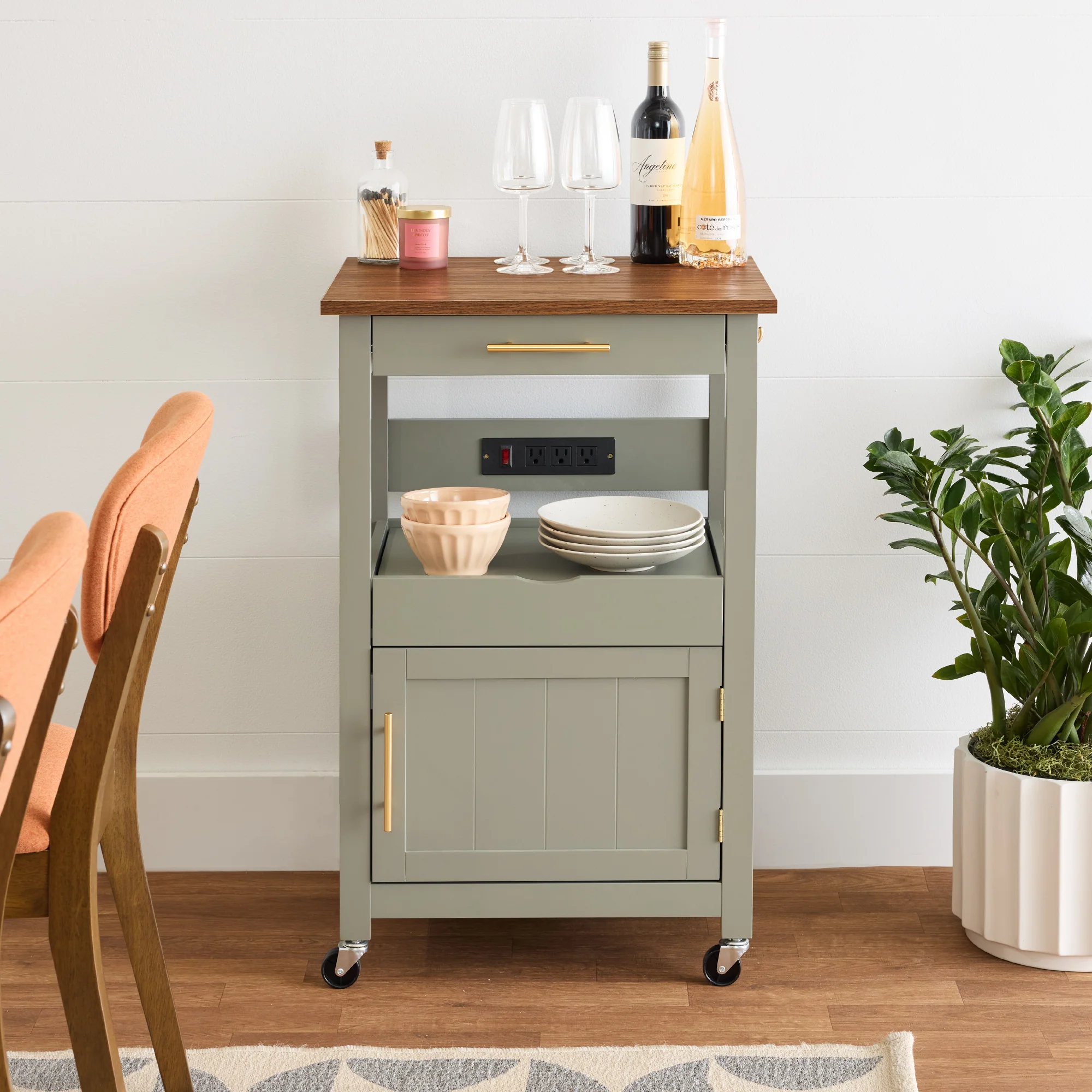 Rolling Kitchen Island Cart, Cabinet W/ Drawer, Sliding Tray, Outlet, Wheels - Image 52