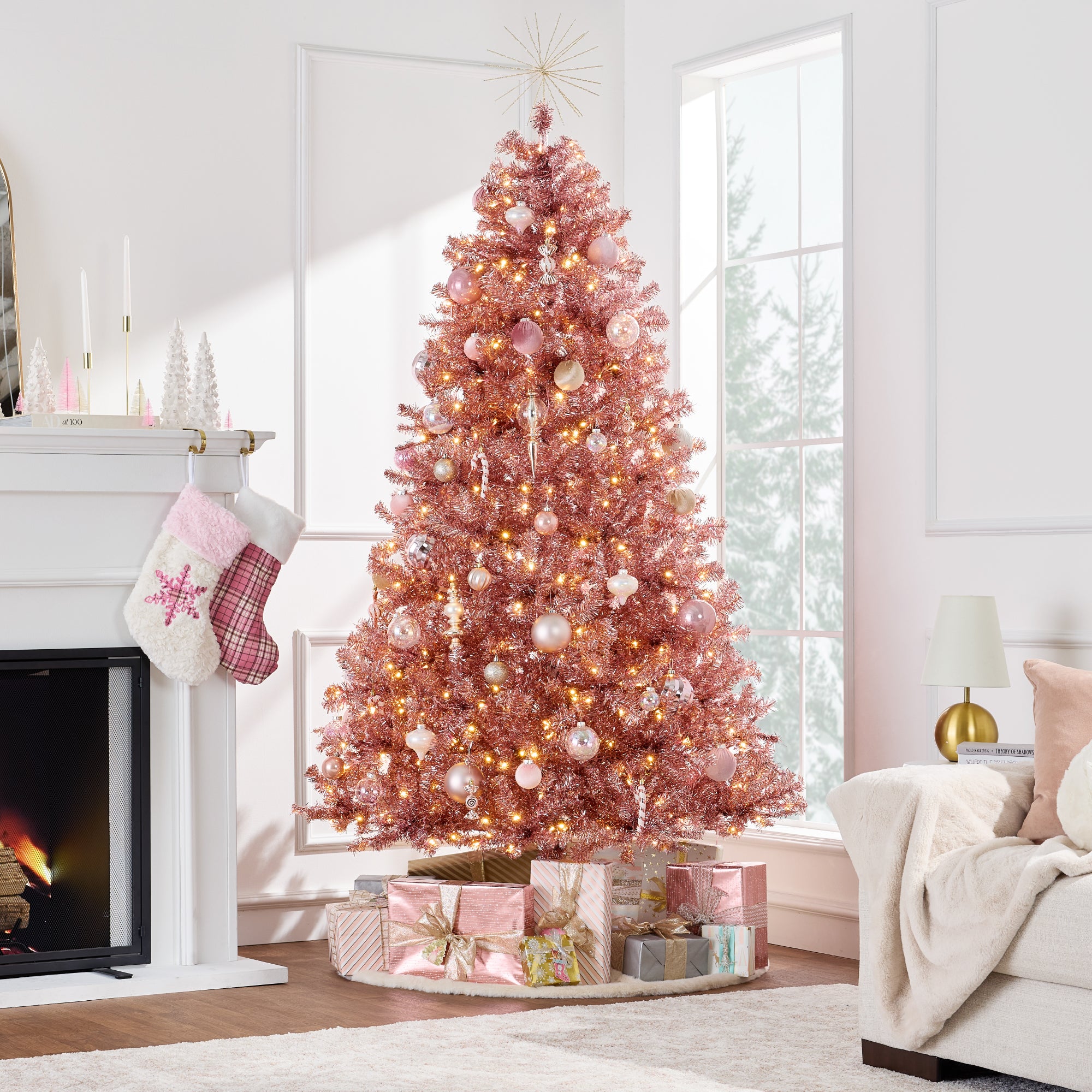 Prelit Pink Artificial Tinsel Christmas Tree w/ Foldable Stand - Image 9
