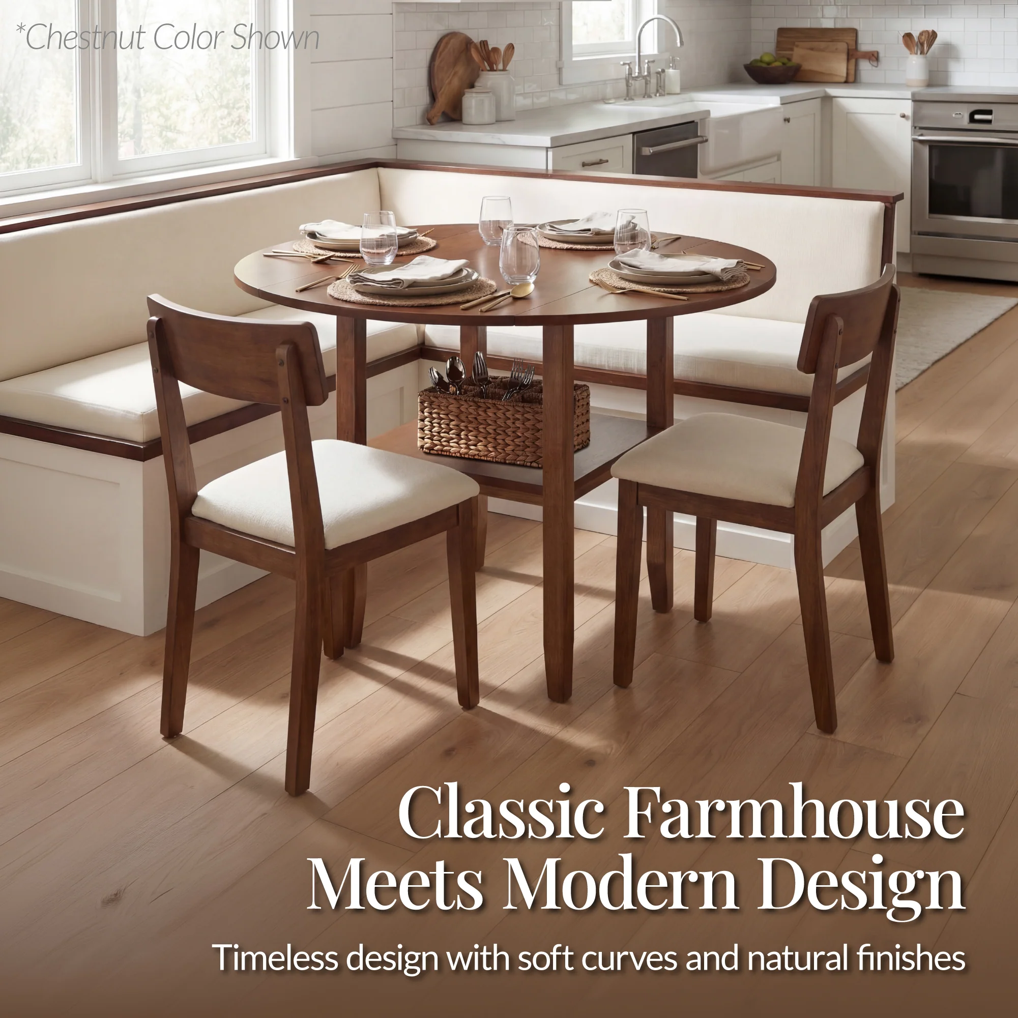 42" Round Drop Leaf Dining Table For 4, Solid Wood Table W/ Storage Shelf - Image 16