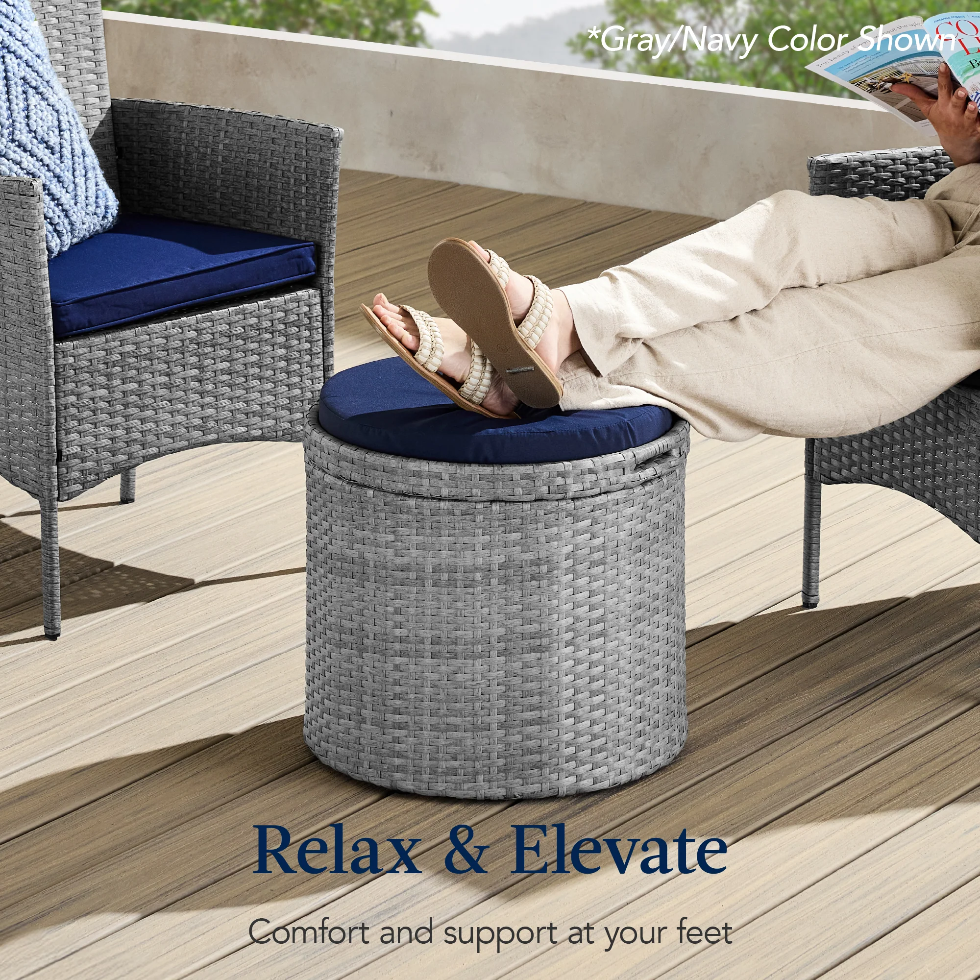 Round Wicker Ottoman, Multipurpose Furniture w/ Removable Cushion - Image 37