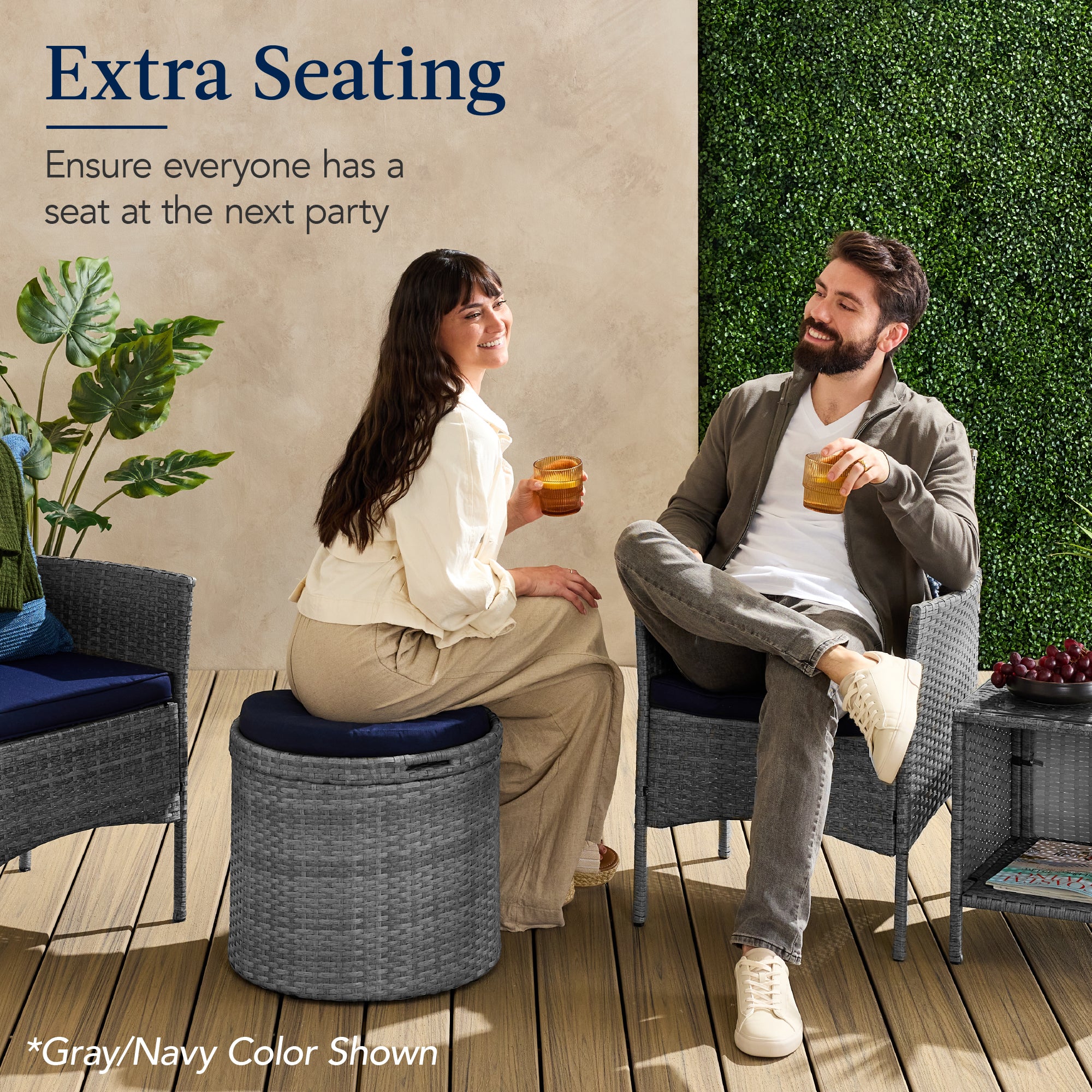 Round Wicker Ottoman, Multipurpose Furniture w/ Removable Cushion - Image 51