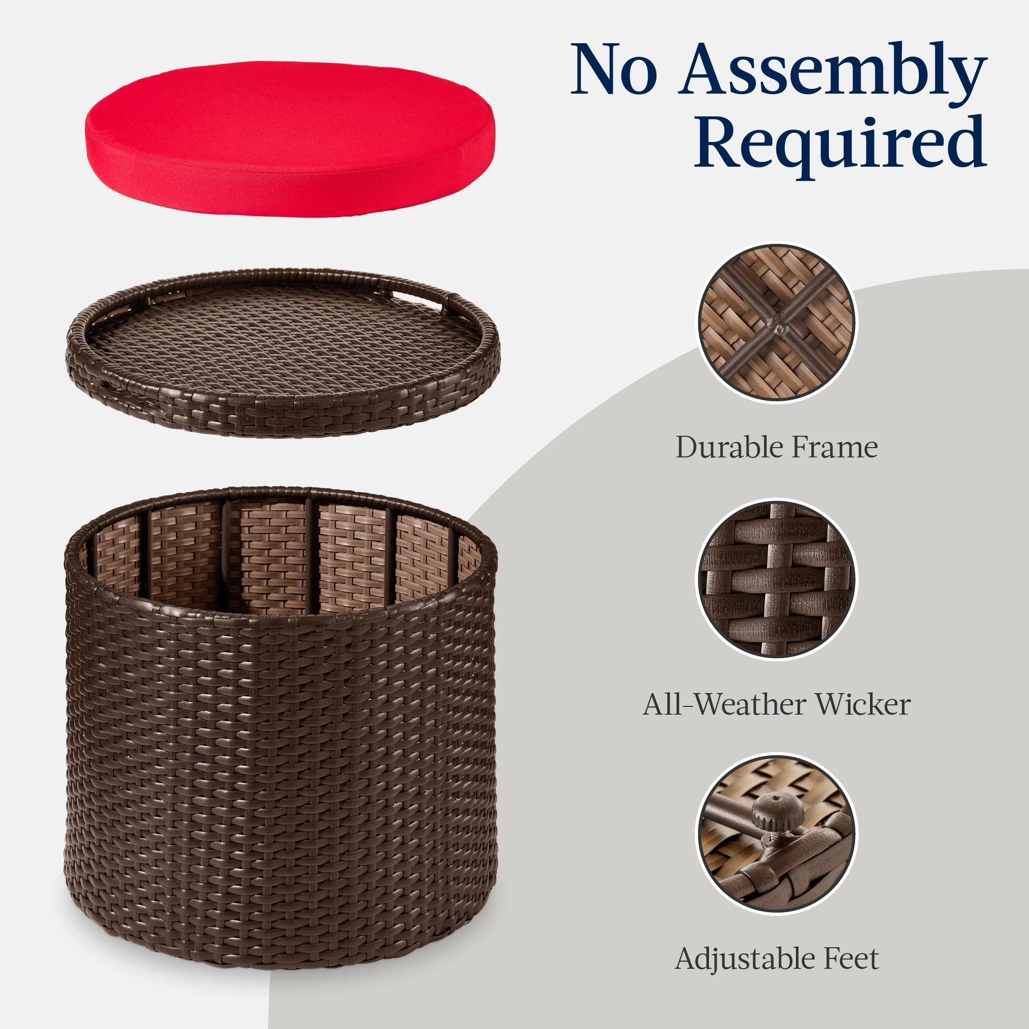 Round Wicker Ottoman, Multipurpose Furniture w/ Removable Cushion - Image 54