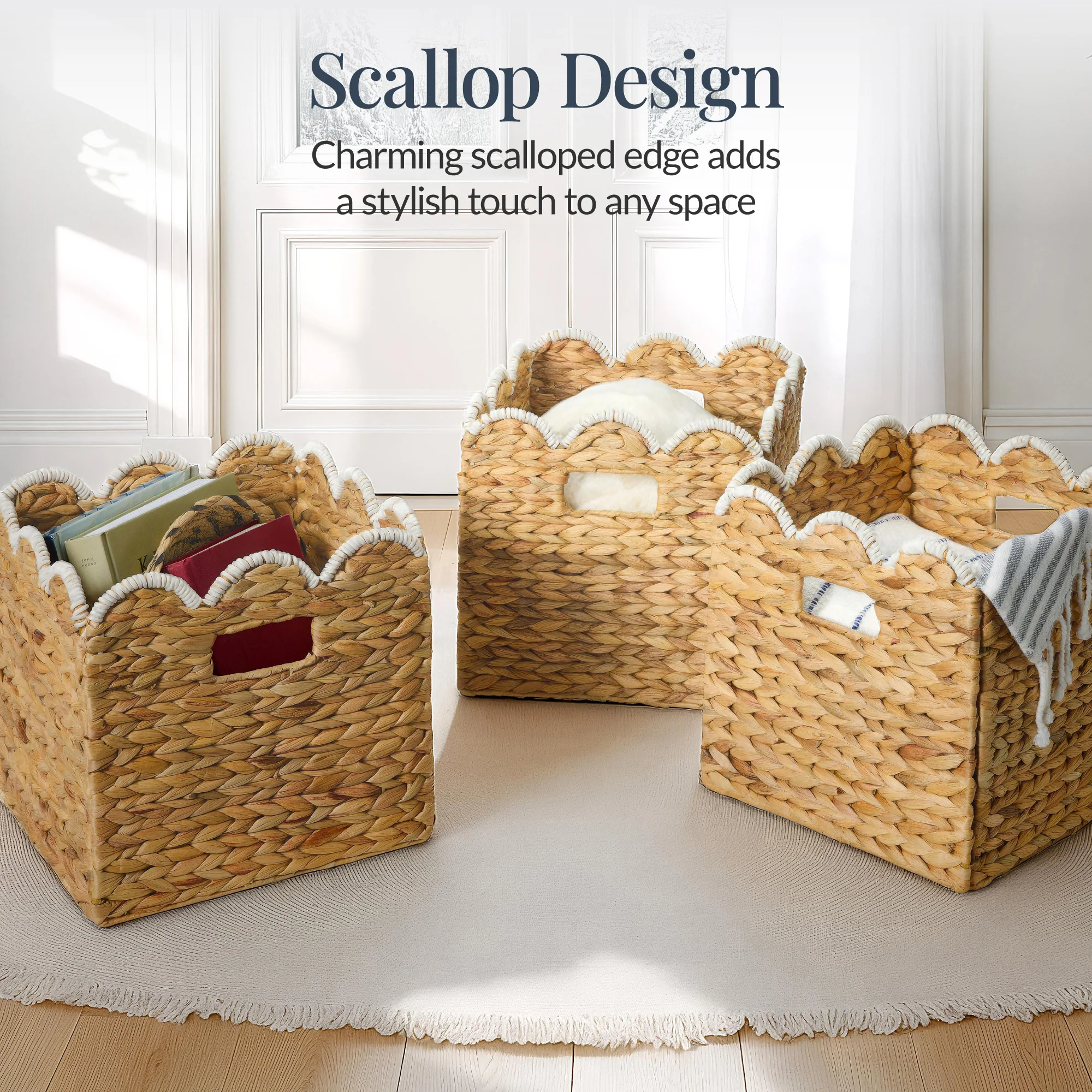 Scalloped 10.5 x 10.5in Hyacinth Storage Basket Set of 5 - Image 19