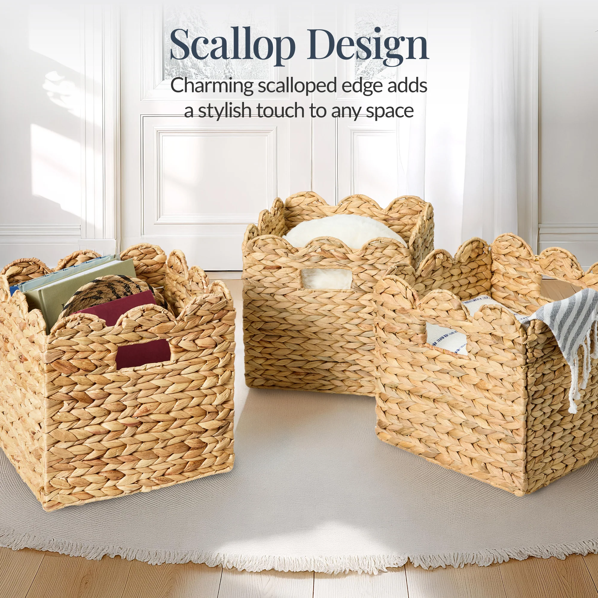 Scalloped 12x 12 Hyacinth Storage Basket Set of 5 - Image 3