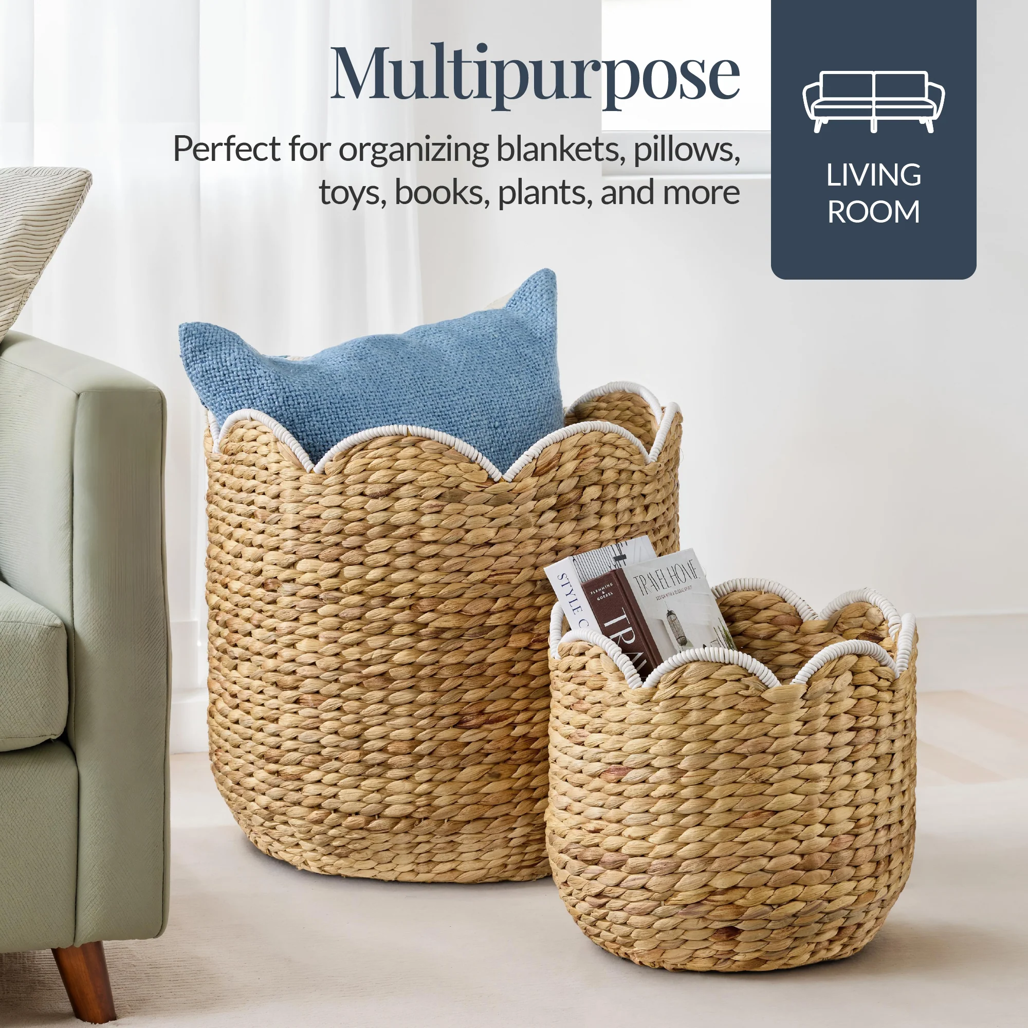 Scalloped 3PC Water Hyacinth Nesting Baskets - Image 12