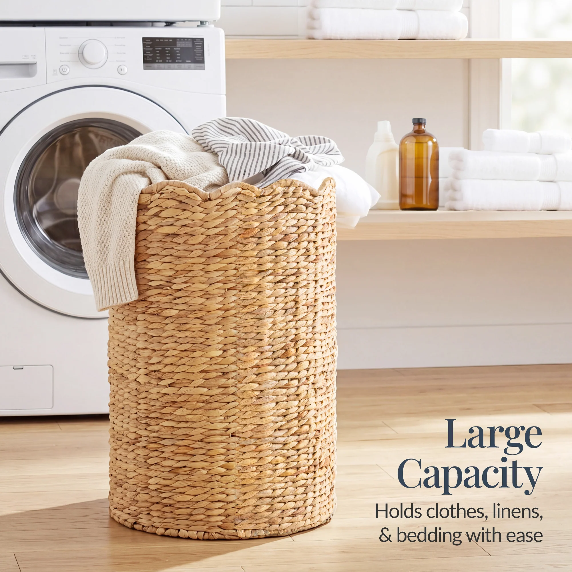 Scalloped Large Round Laundry Hamper, Handwoven Laundry Basket - Image 11