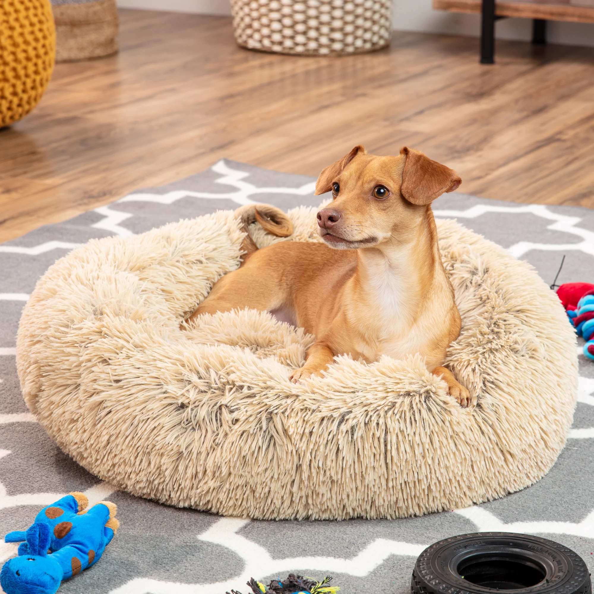 Self-Warming Shag Fur Calming Pet Bed w/ Water-Resistant Lining - Brown - Image 17