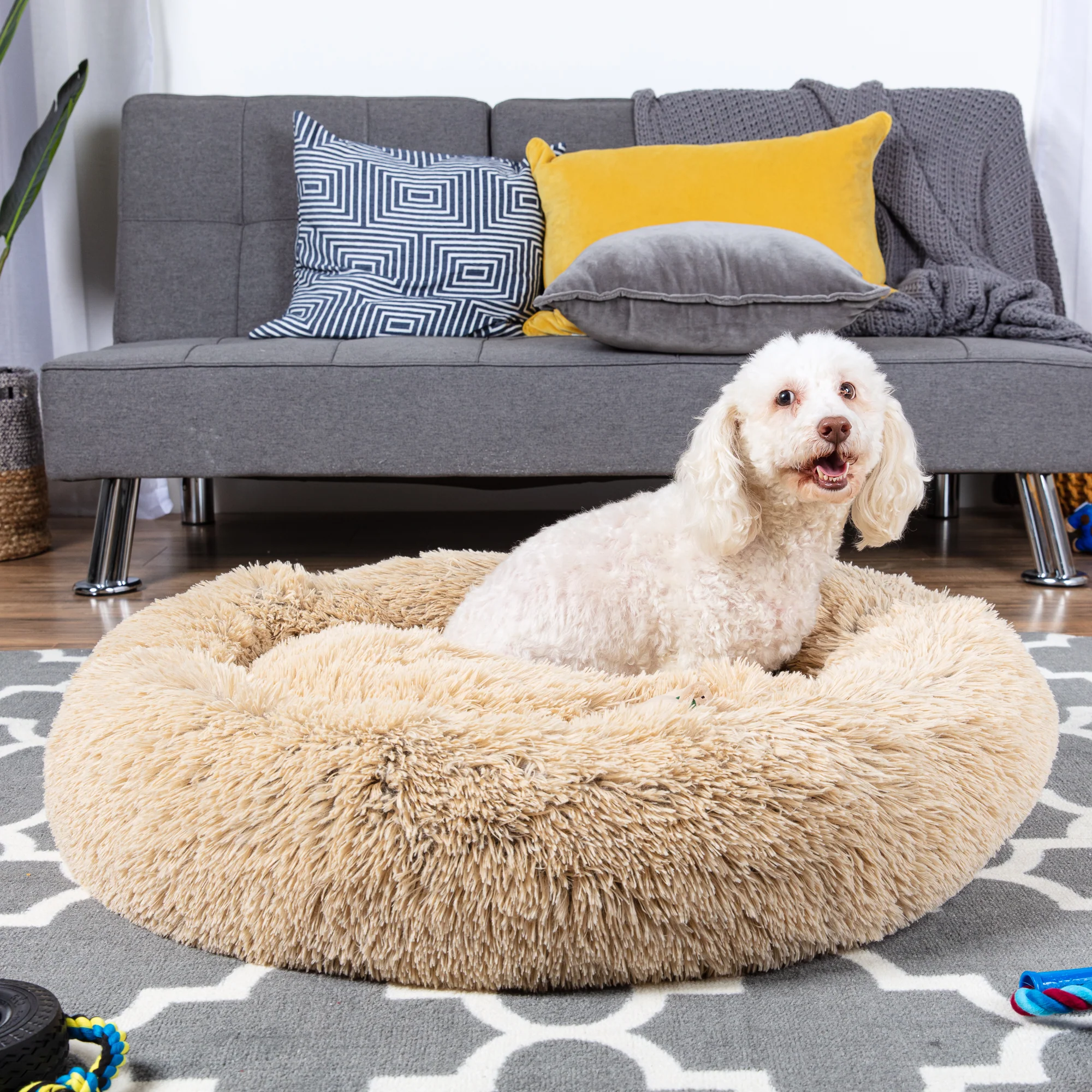 Self-Warming Shag Fur Calming Pet Bed w/ Water-Resistant Lining - Brown - Image 9