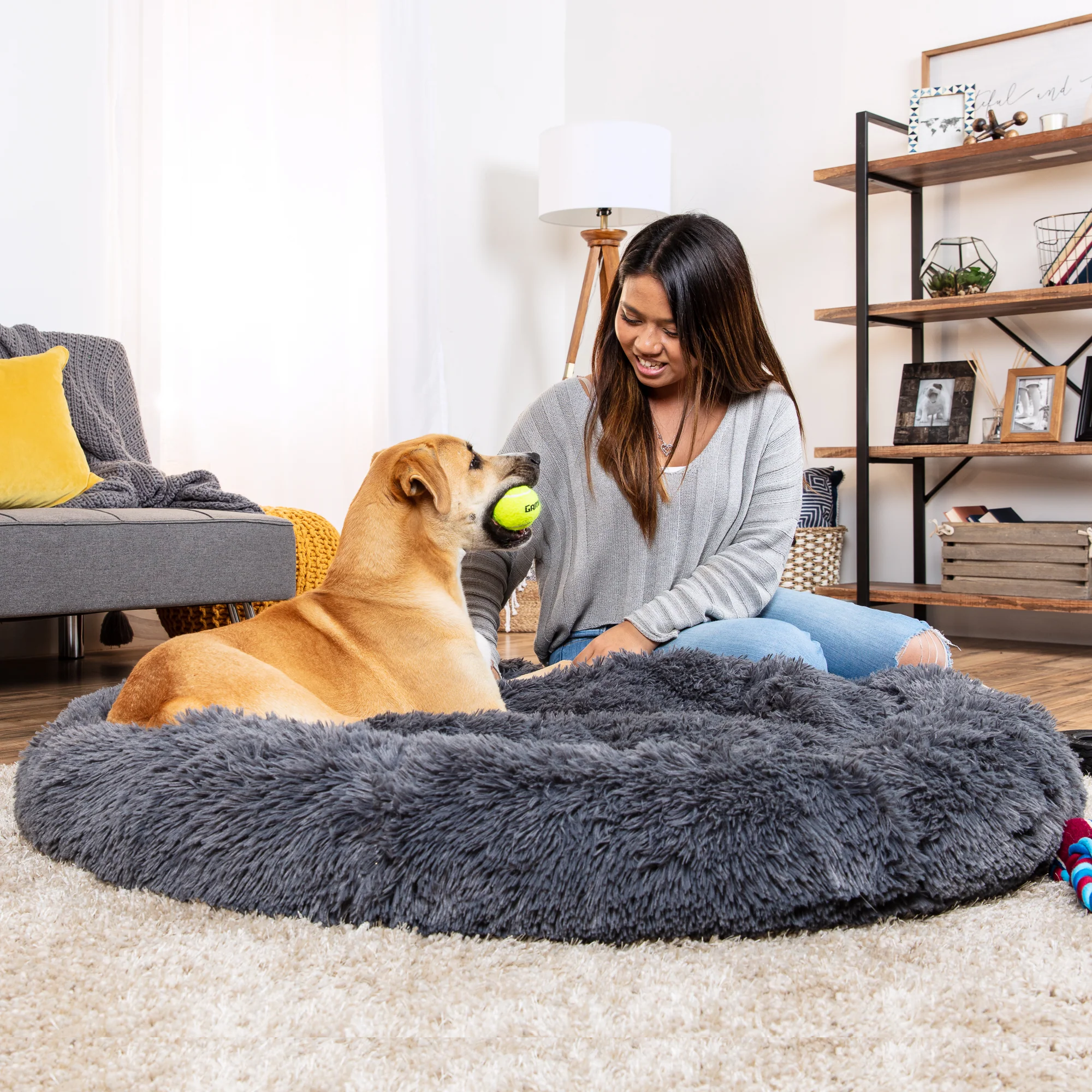 Self-Warming Shag Fur Calming Pet Bed w/ Water-Resistant Lining - Gray - Image 10