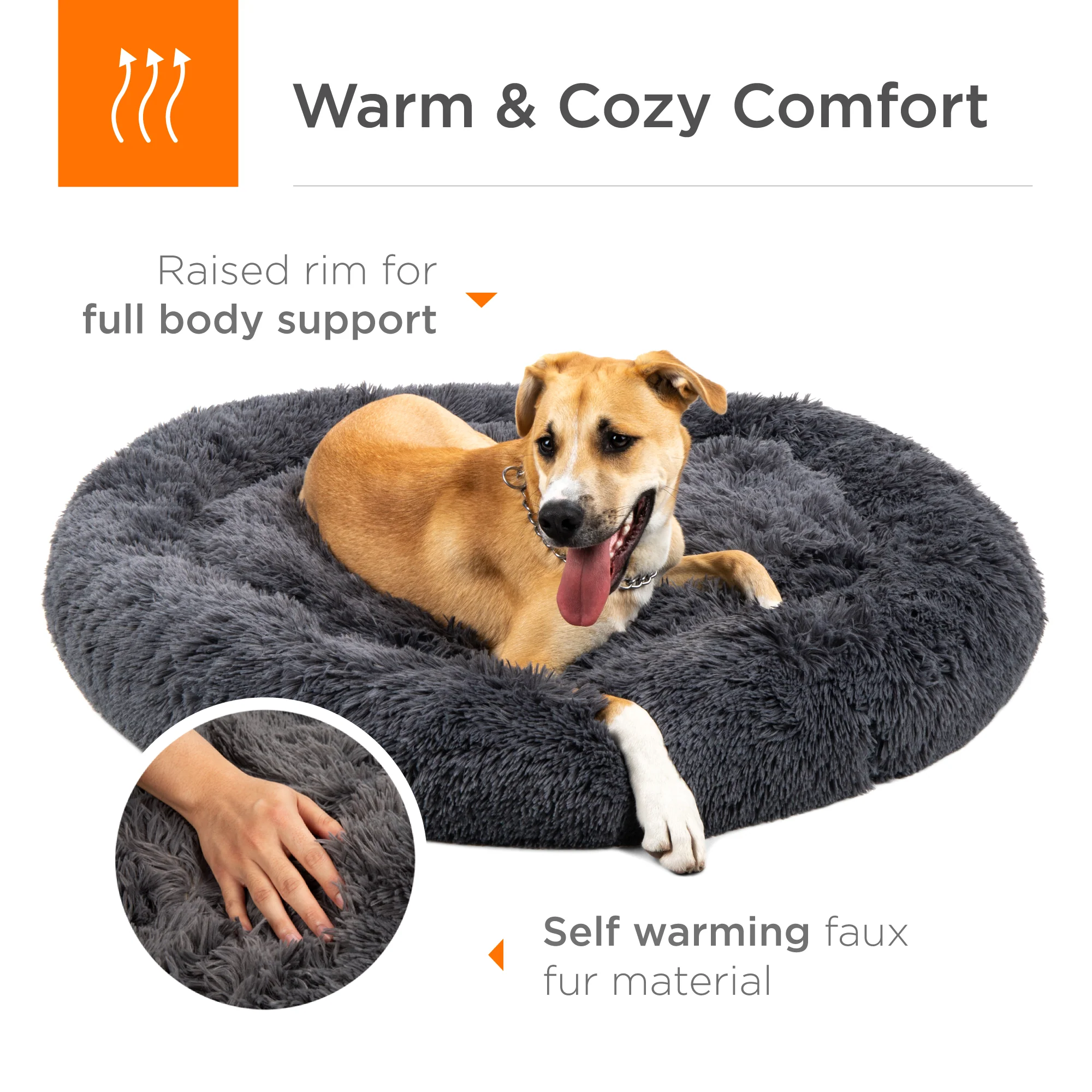 Self-Warming Shag Fur Calming Pet Bed w/ Water-Resistant Lining - Gray - Image 11