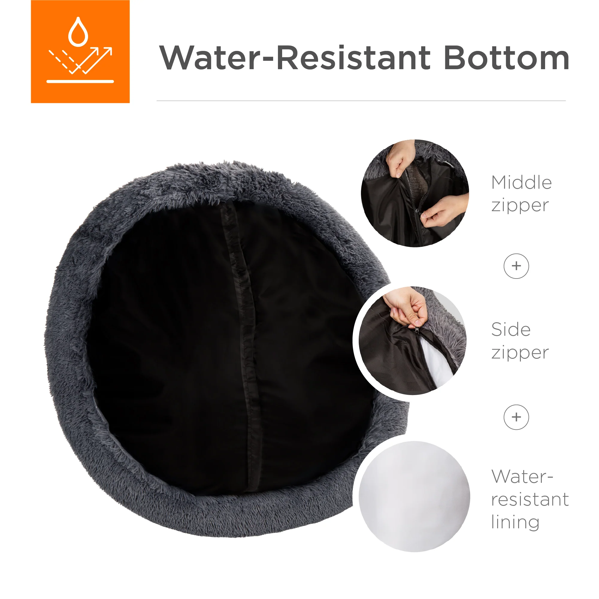 Self-Warming Shag Fur Calming Pet Bed w/ Water-Resistant Lining - Gray - Image 12