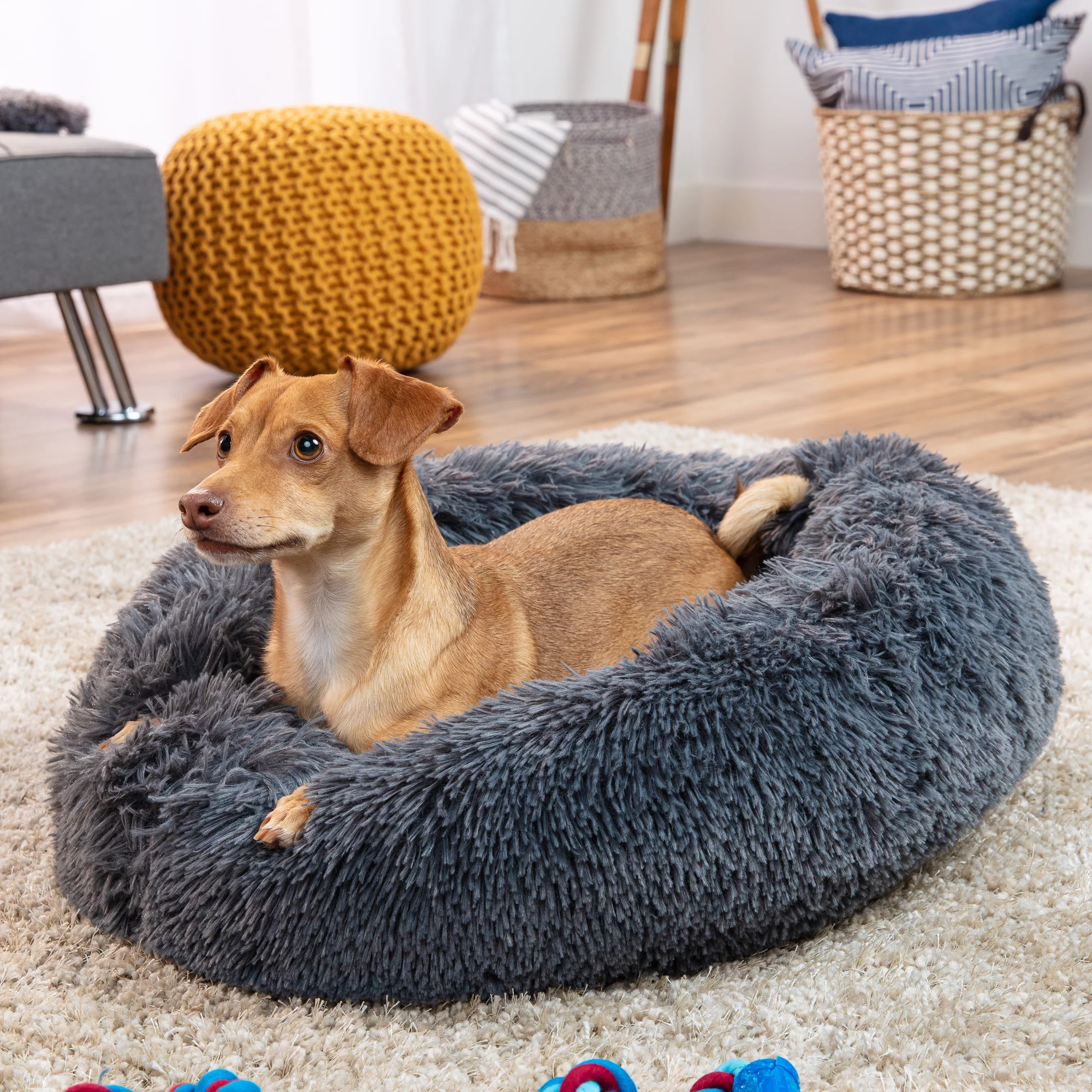 Self-Warming Shag Fur Calming Pet Bed w/ Water-Resistant Lining - Gray - Image 16