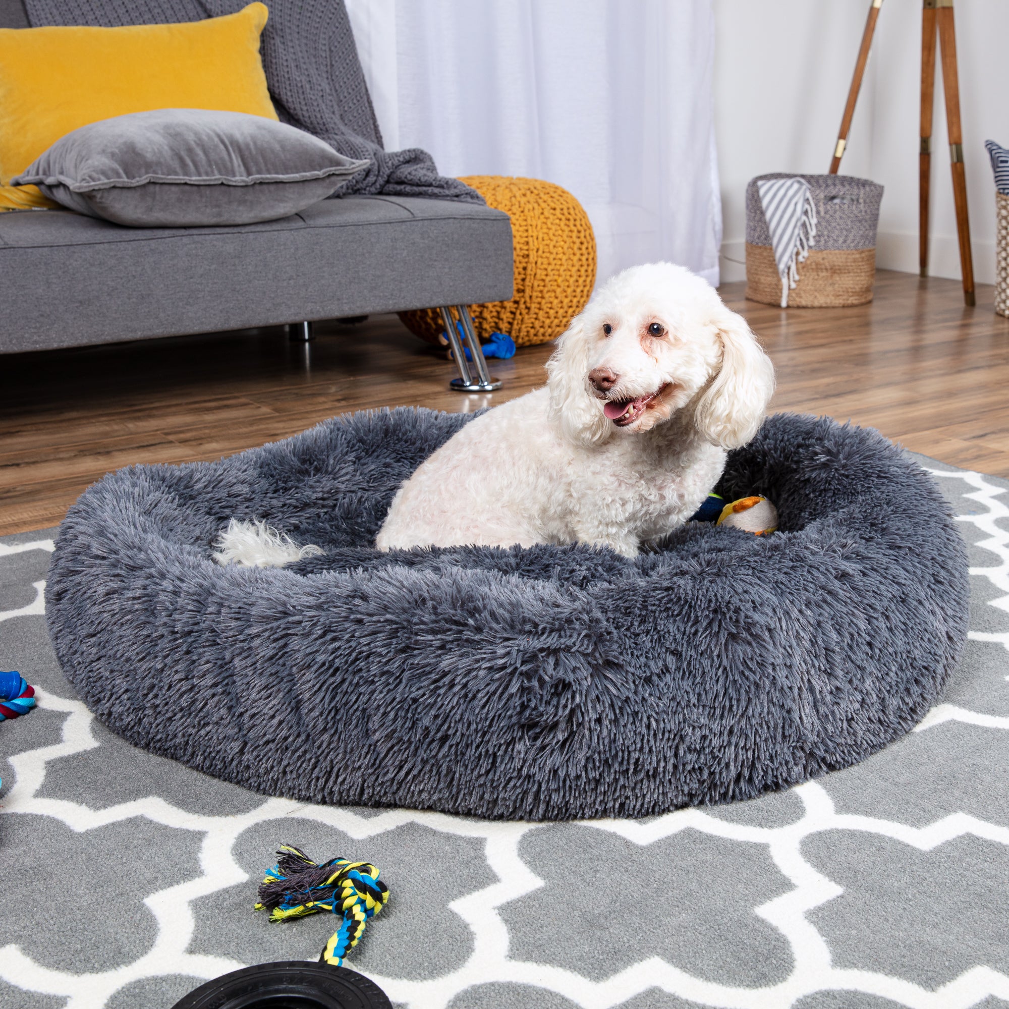 Self-Warming Shag Fur Calming Pet Bed w/ Water-Resistant Lining - Gray - Image 3