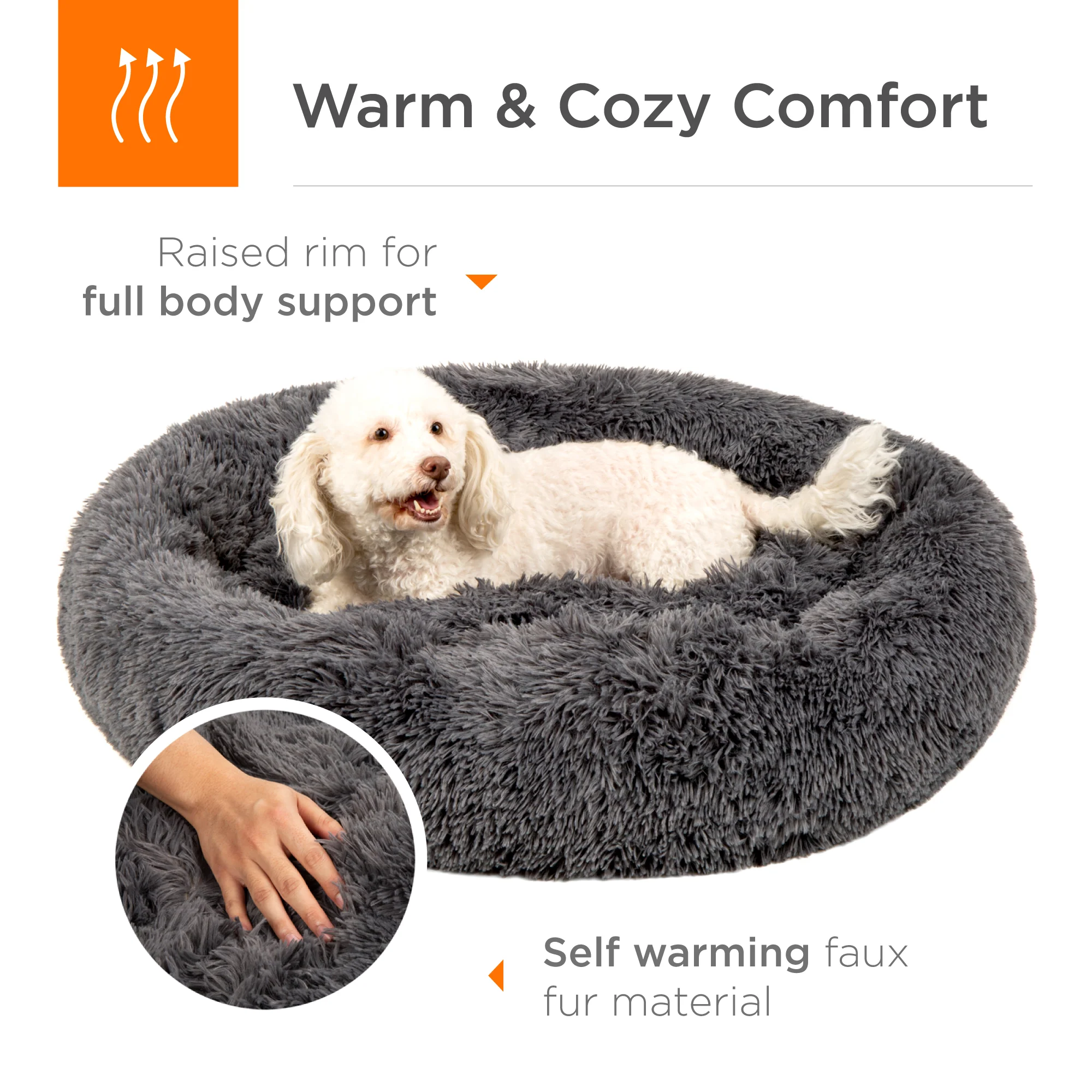 Self-Warming Shag Fur Calming Pet Bed w/ Water-Resistant Lining - Gray - Image 4