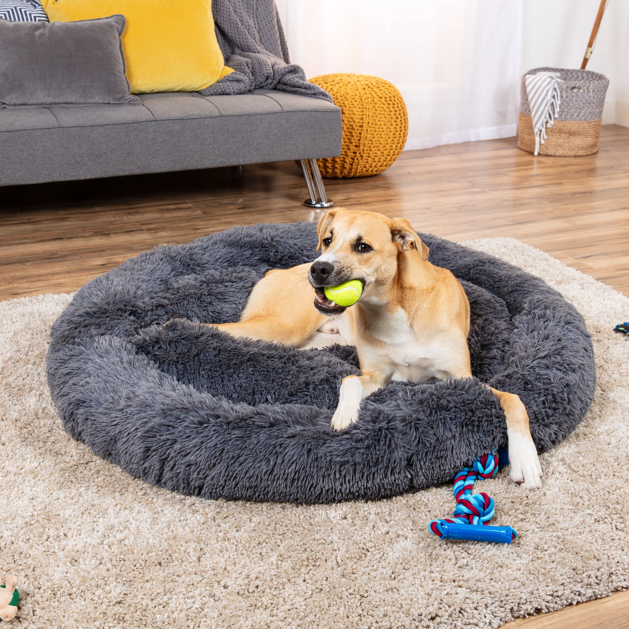 Self-Warming Shag Fur Calming Pet Bed w/ Water-Resistant Lining - Gray - Image 9