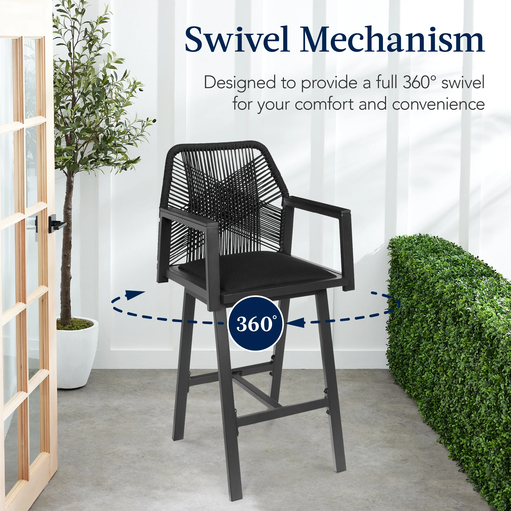 Set of 2 Indoor/Outdoor Aluminum Swivel Barstools with Arms All-Weather Rope - Image 11