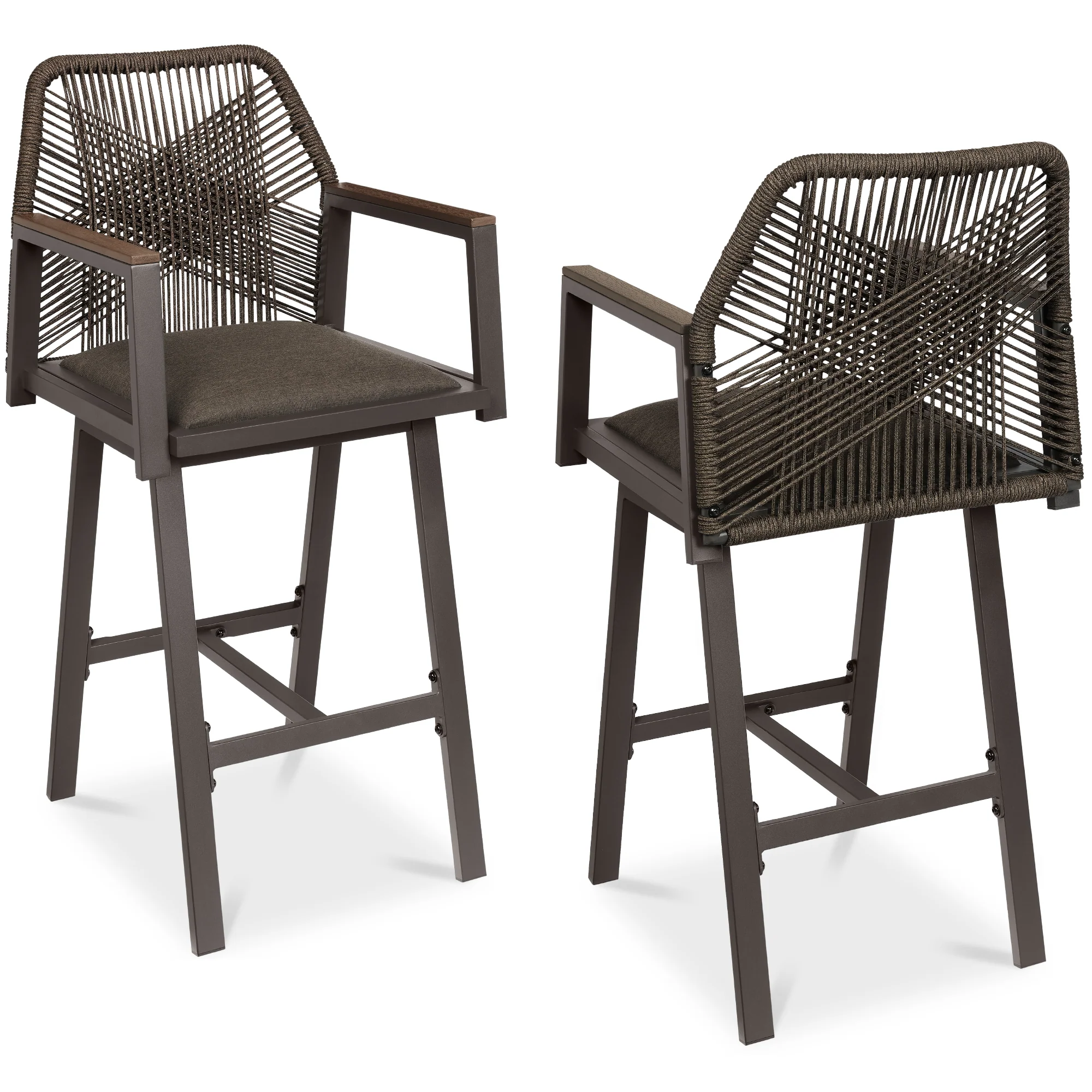 Set of 2 Indoor/Outdoor Aluminum Swivel Barstools with Arms All-Weather Rope - Image 17