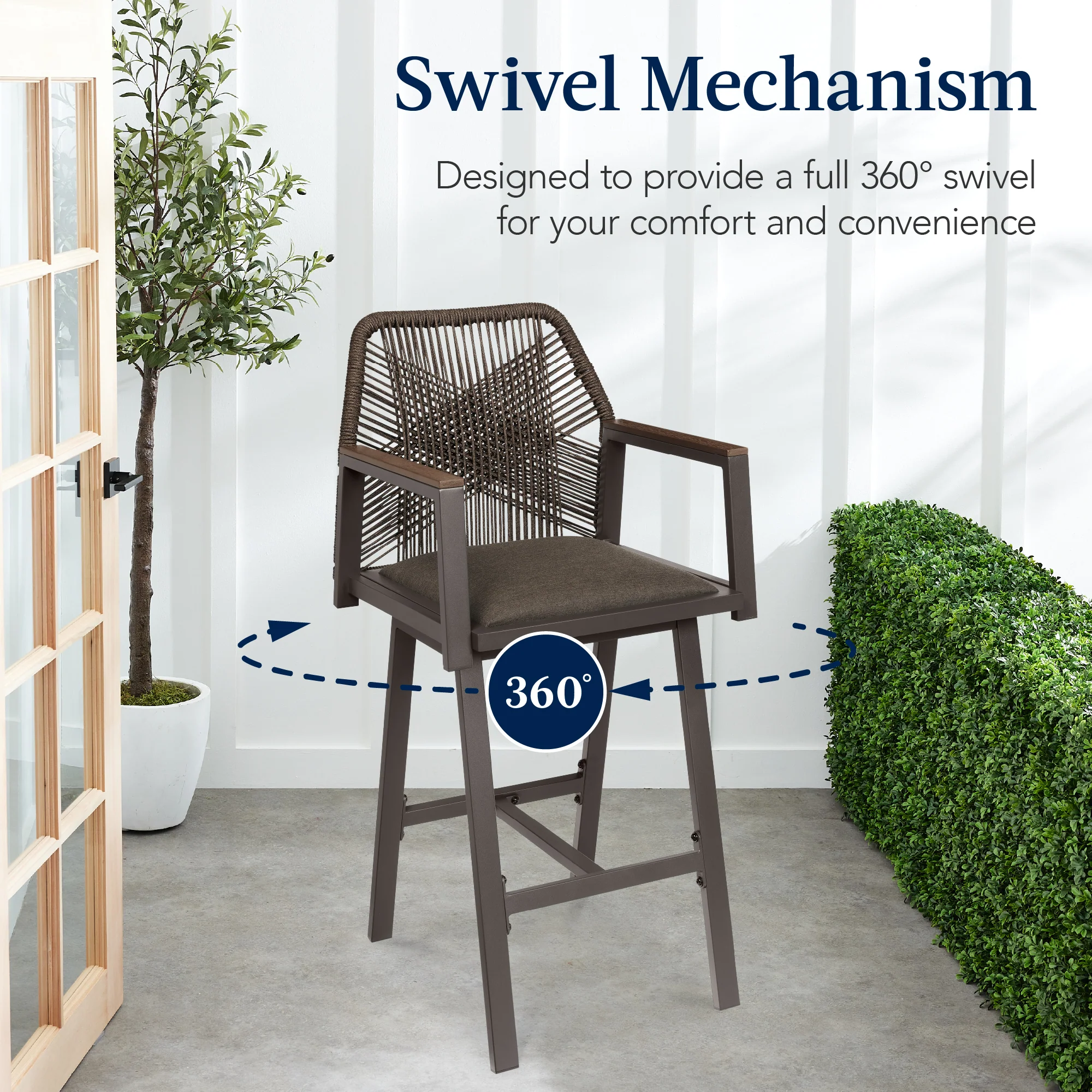 Set of 2 Indoor/Outdoor Aluminum Swivel Barstools with Arms All-Weather Rope - Image 19