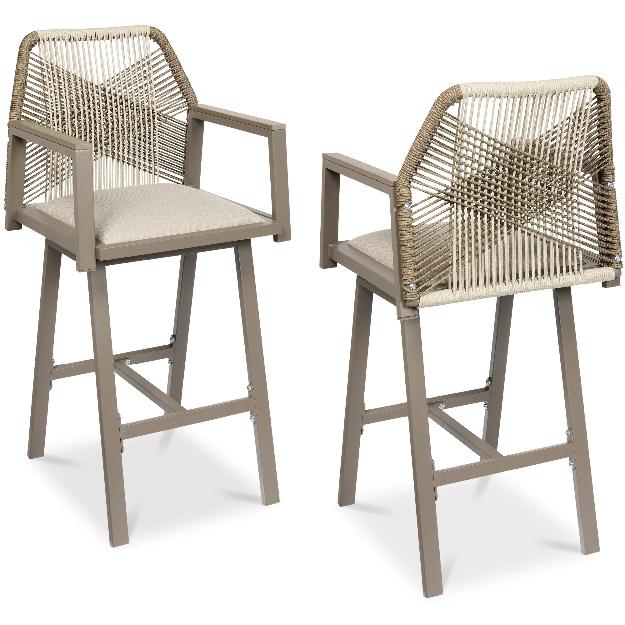 Set of 2 Indoor/Outdoor Aluminum Swivel Barstools with Arms All-Weather Rope - Image 25