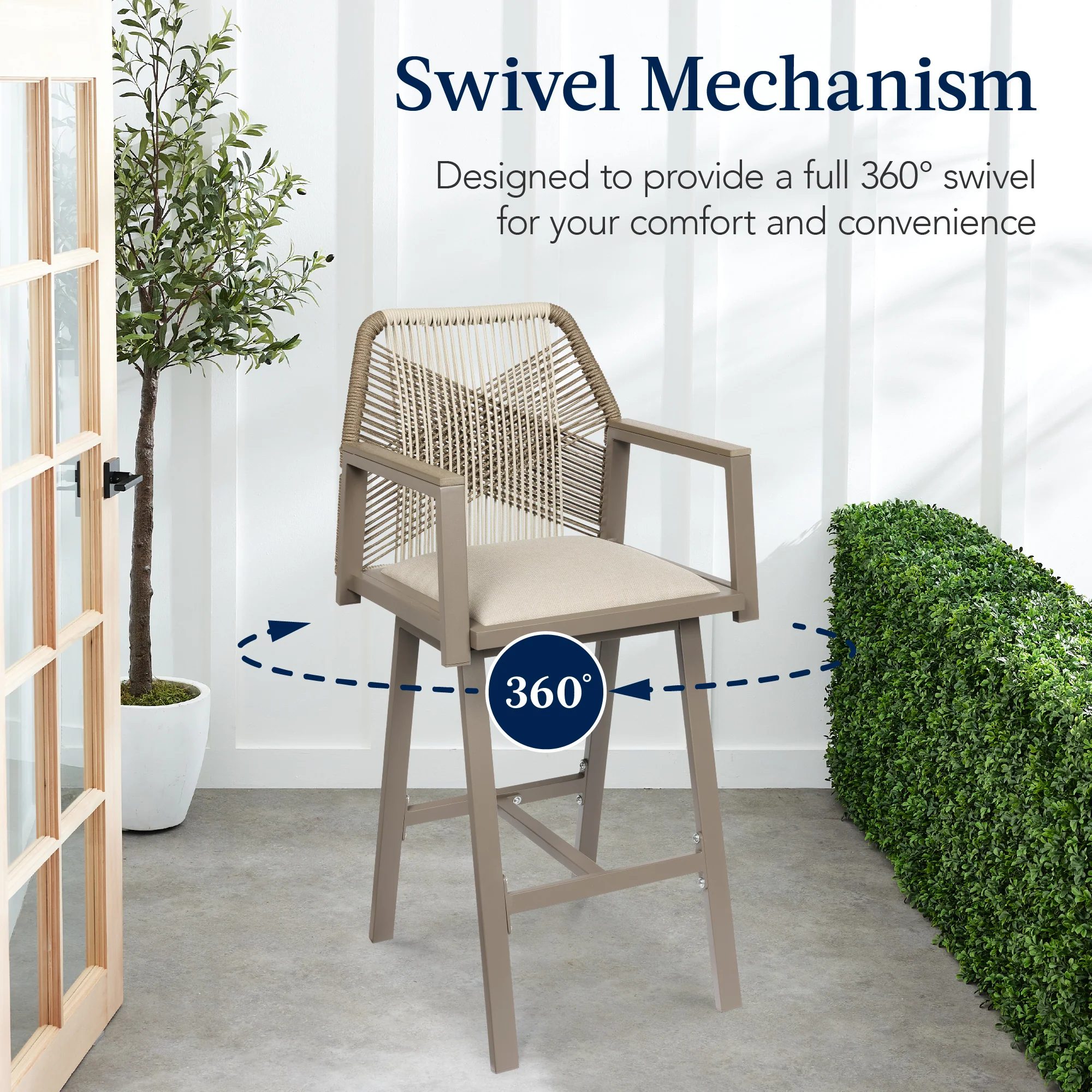 Set of 2 Indoor/Outdoor Aluminum Swivel Barstools with Arms All-Weather Rope - Image 27