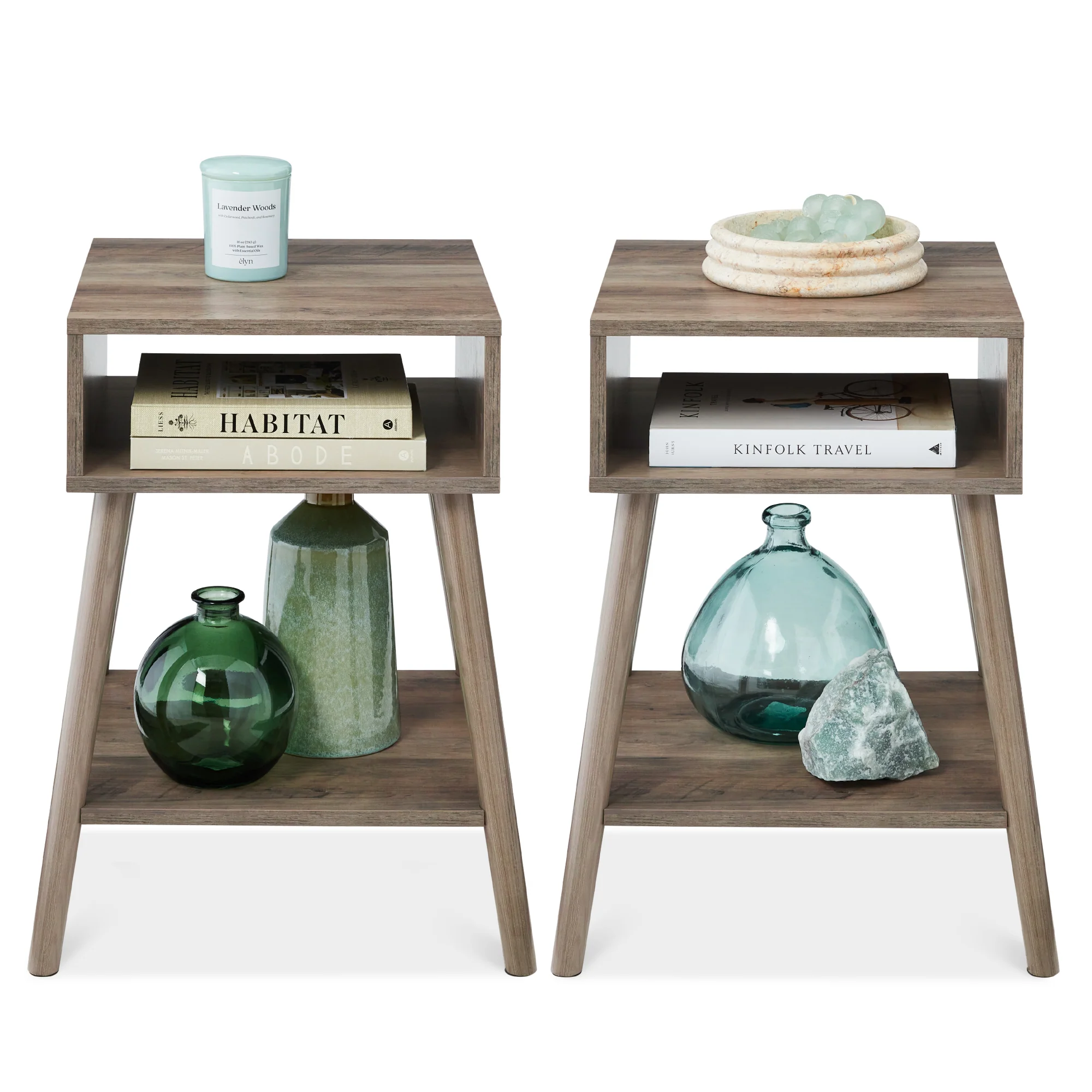Set of 2 Mid-Century Modern End Tables w/ Cubby, Shelf - Image 15