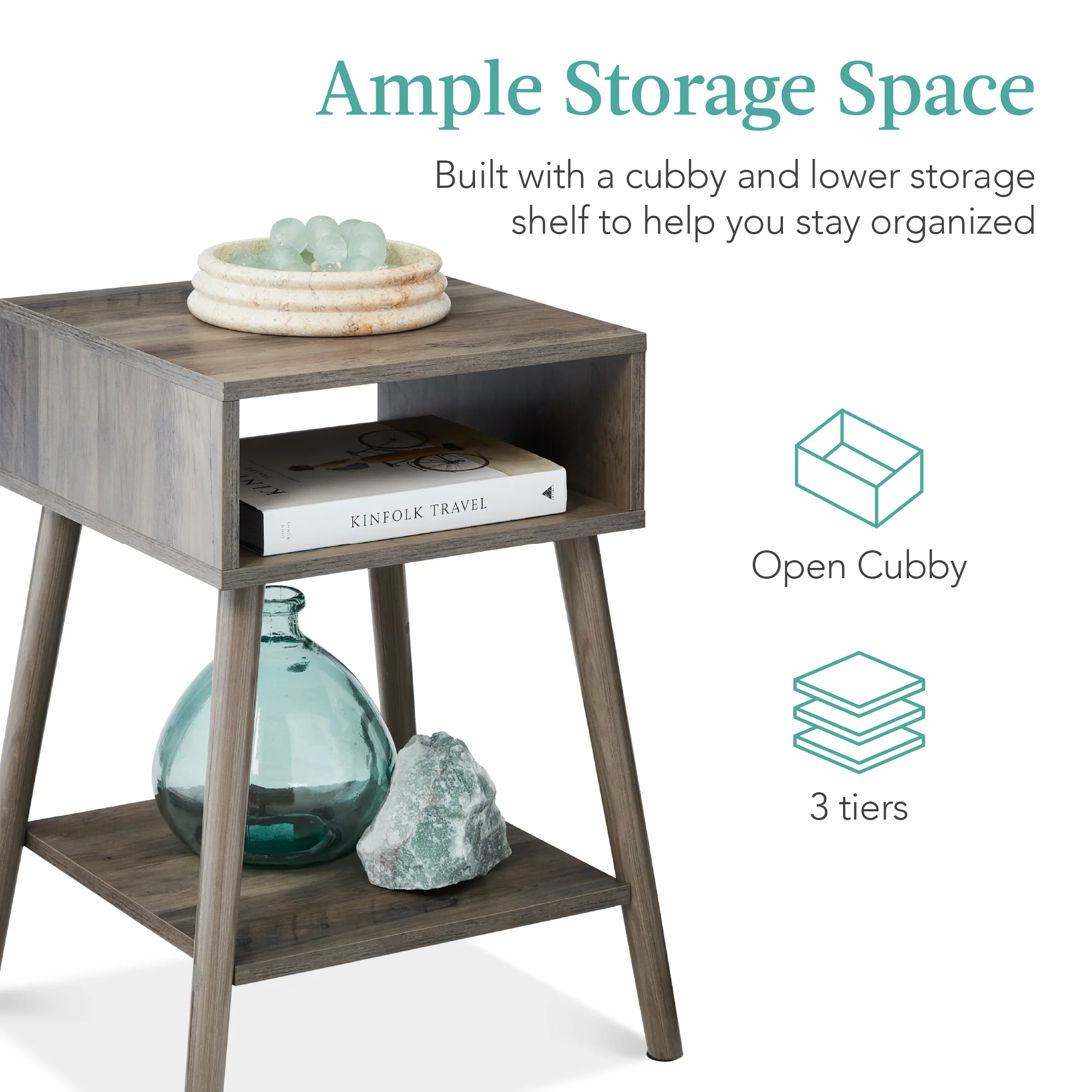 Set of 2 Mid-Century Modern End Tables w/ Cubby, Shelf - Image 18