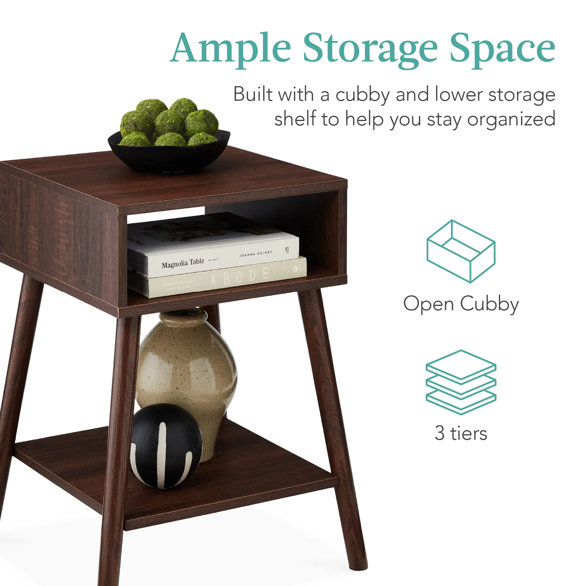Set of 2 Mid-Century Modern End Tables w/ Cubby, Shelf - Image 4