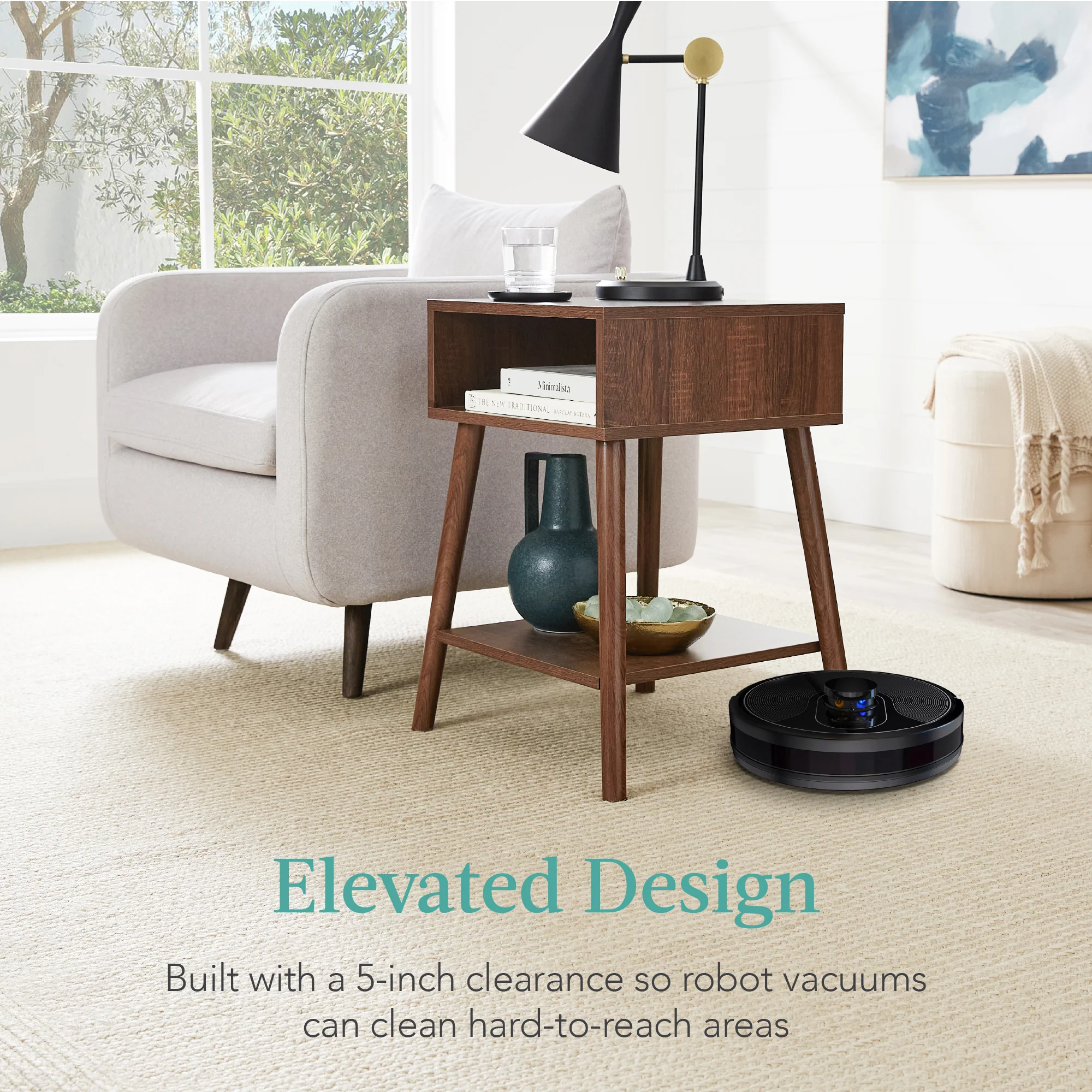 Set of 2 Mid-Century Modern End Tables w/ Cubby, Shelf - Image 5