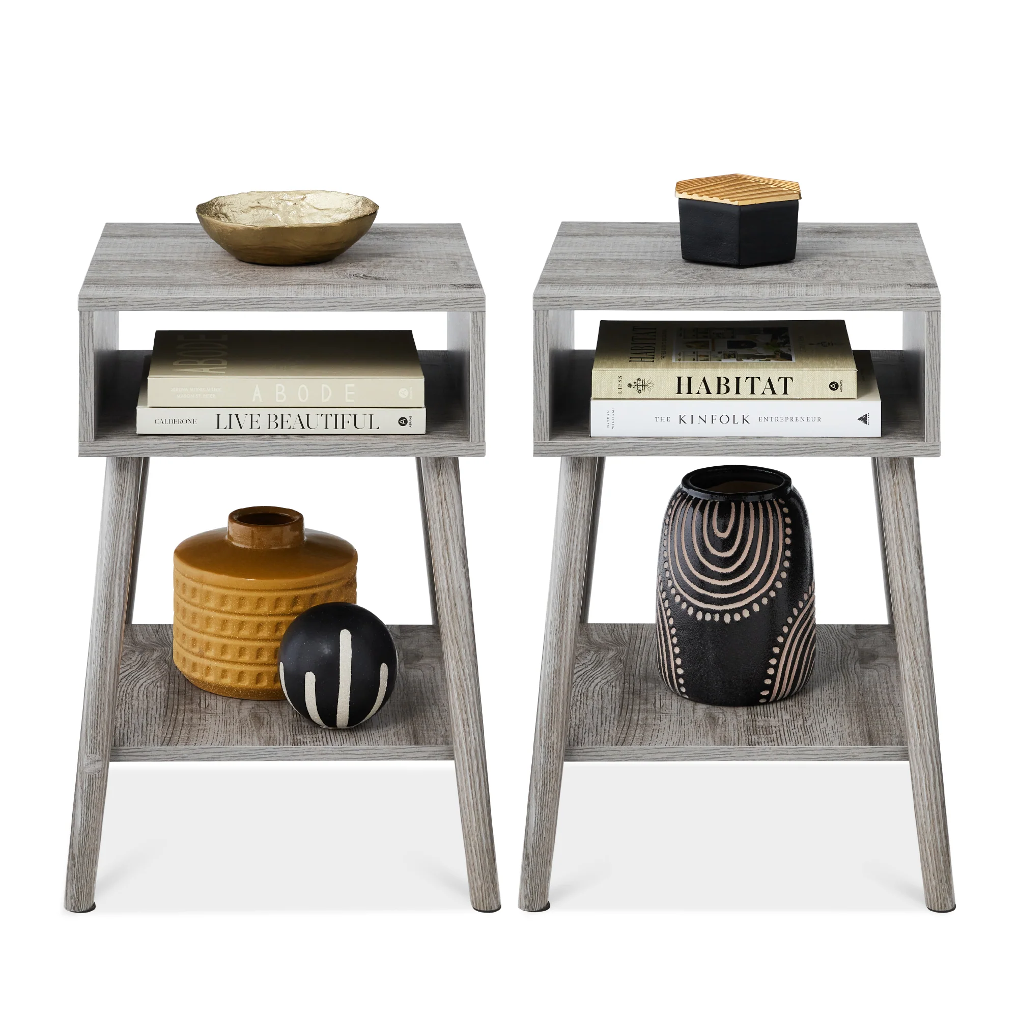 Set of 2 Mid-Century Modern End Tables w/ Cubby, Shelf - Image 8