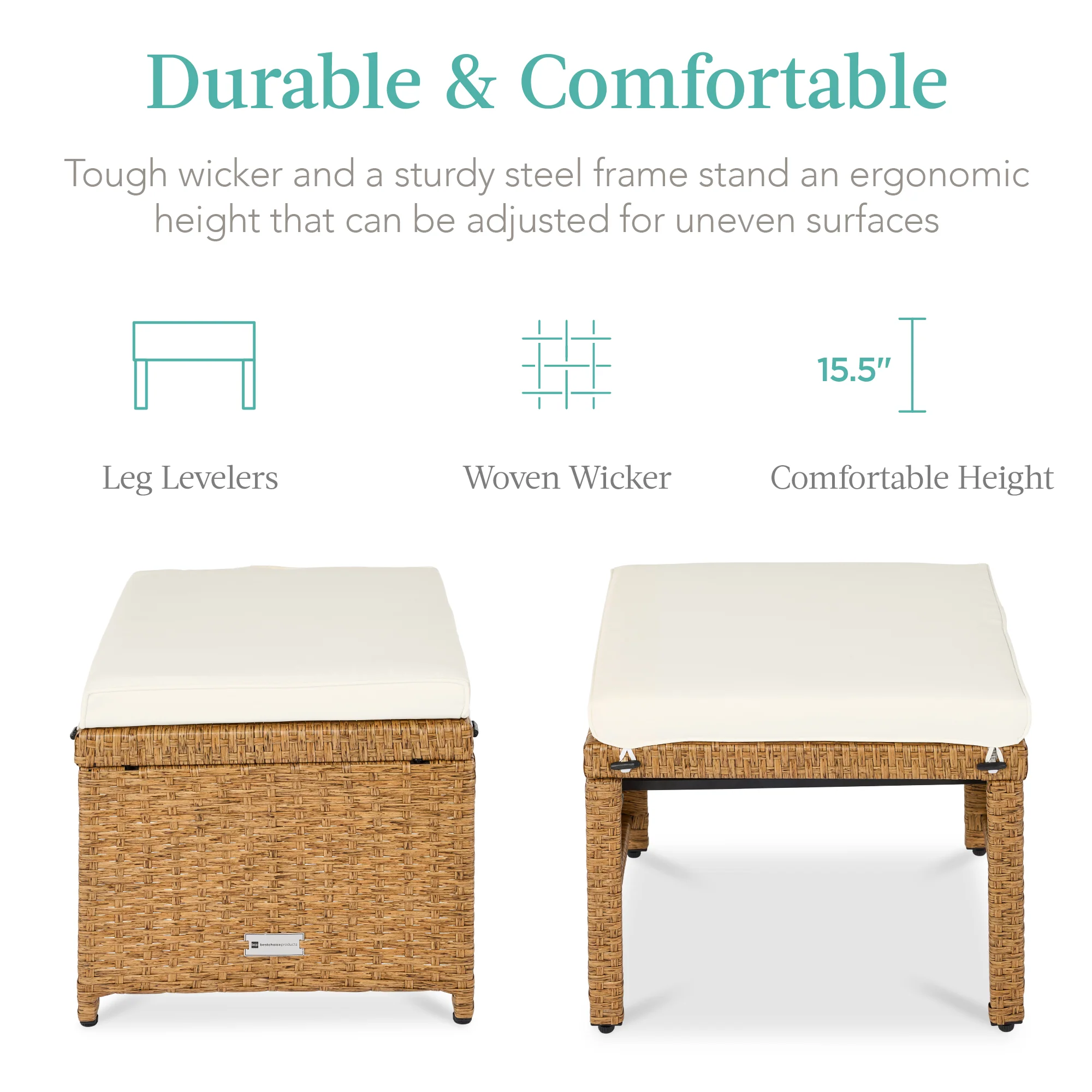 Set of 2 Multipurpose Wicker Ottomans w/ Removable Cushions, Steel Frame - Image 100