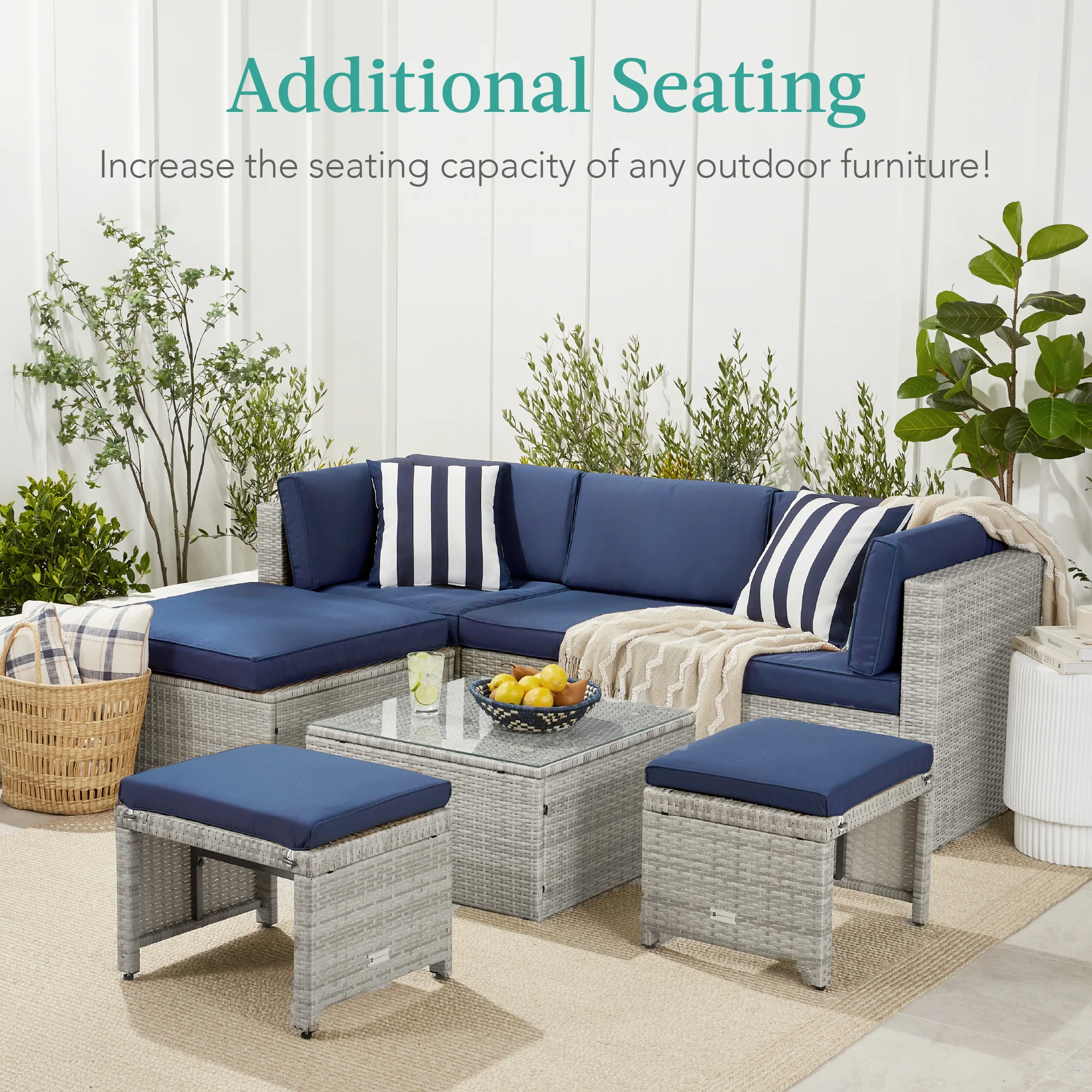 Set of 2 Multipurpose Wicker Ottomans w/ Removable Cushions, Steel Frame - Image 101