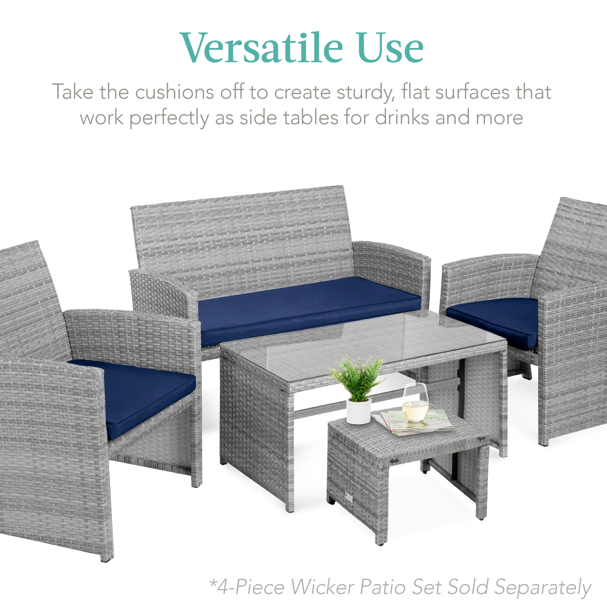 Set of 2 Multipurpose Wicker Ottomans w/ Removable Cushions, Steel Frame - Image 11