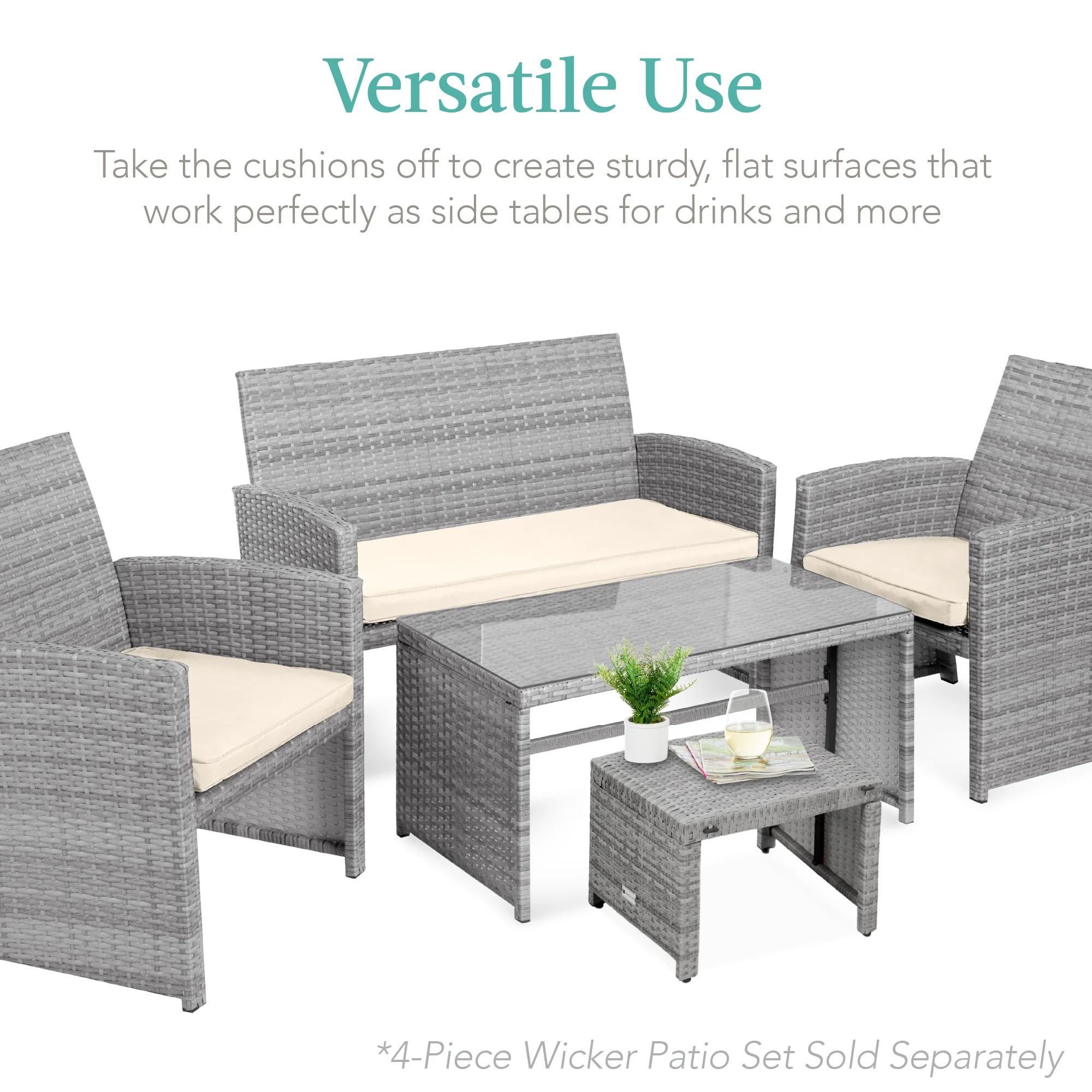 Set of 2 Multipurpose Wicker Ottomans w/ Removable Cushions, Steel Frame - Image 18