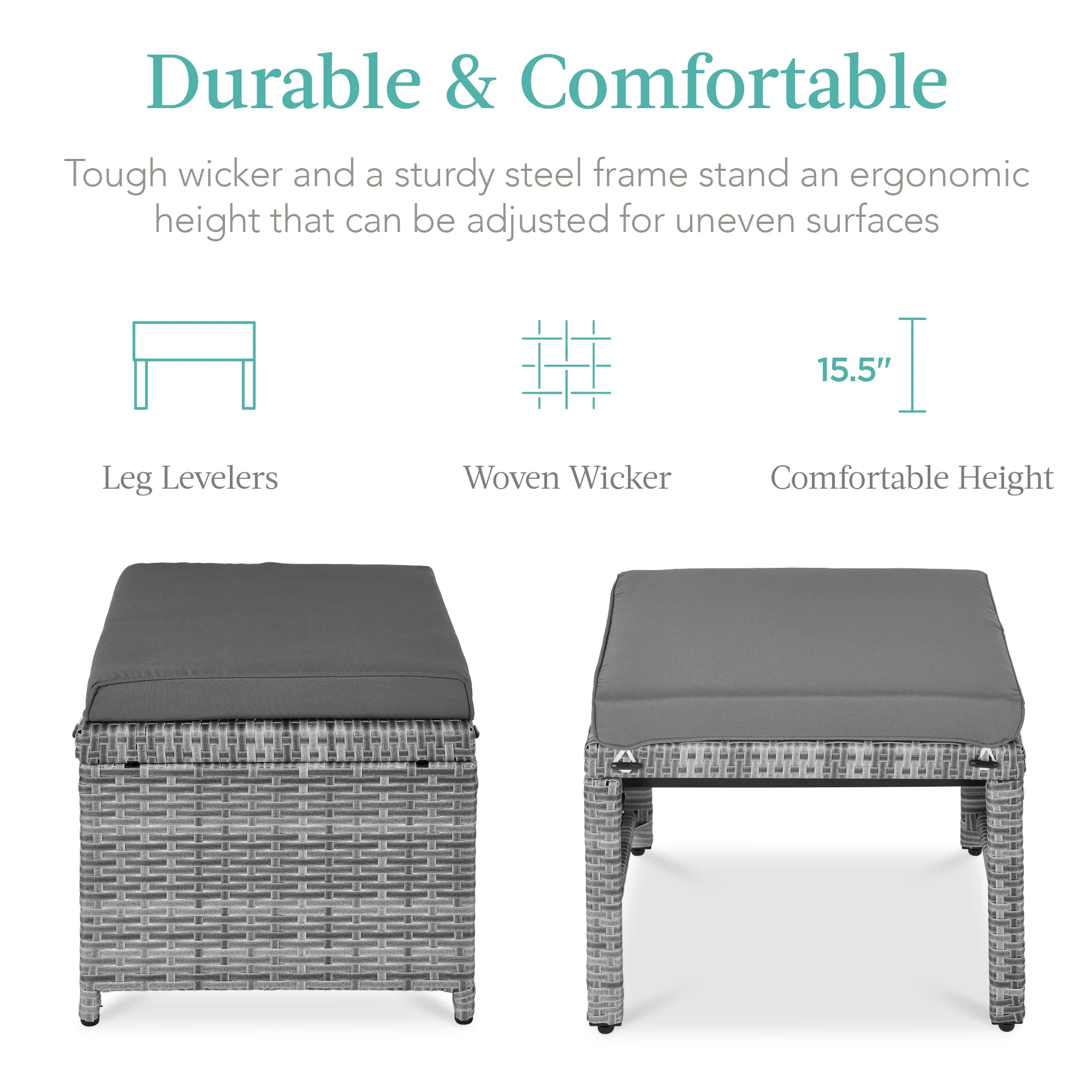 Set of 2 Multipurpose Wicker Ottomans w/ Removable Cushions, Steel Frame - Image 37