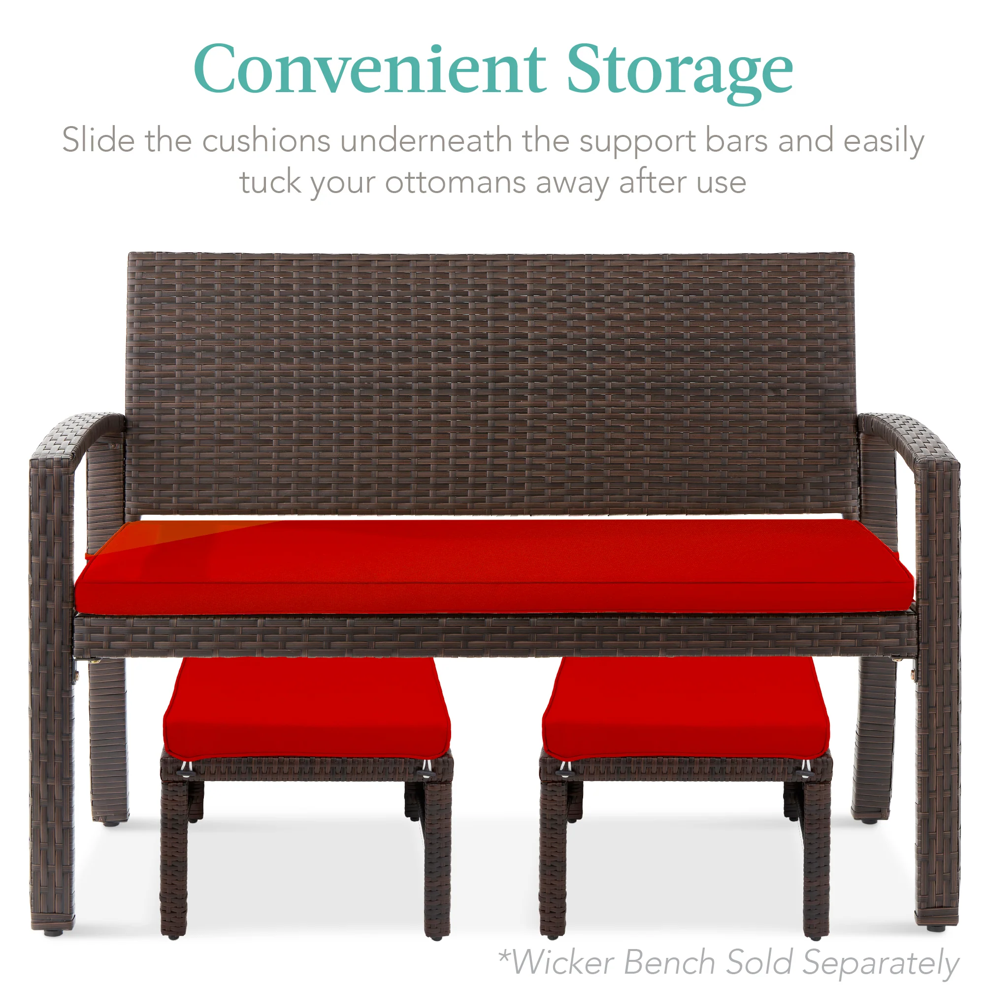 Set of 2 Multipurpose Wicker Ottomans w/ Removable Cushions, Steel Frame - Image 5