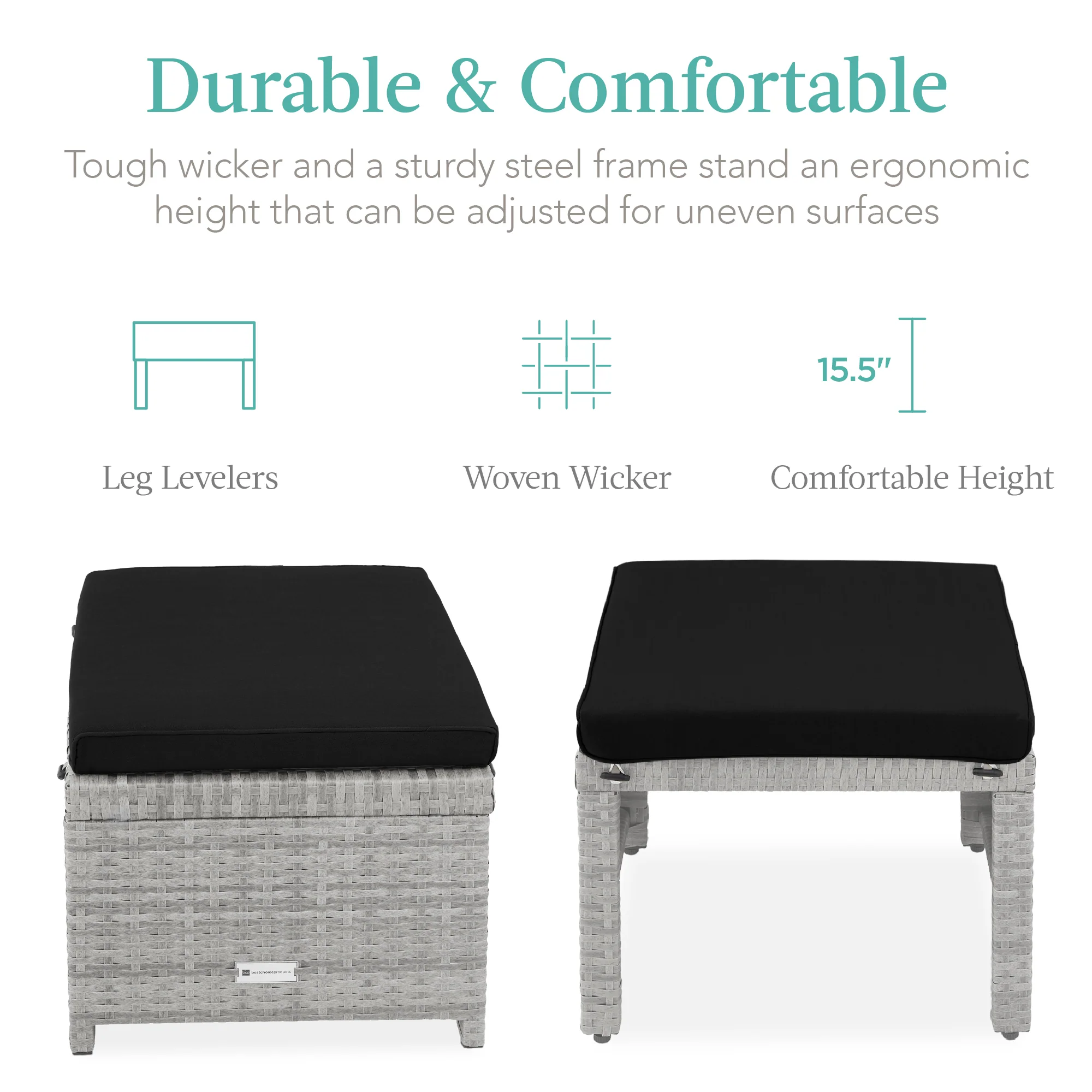 Set of 2 Multipurpose Wicker Ottomans w/ Removable Cushions, Steel Frame - Image 58