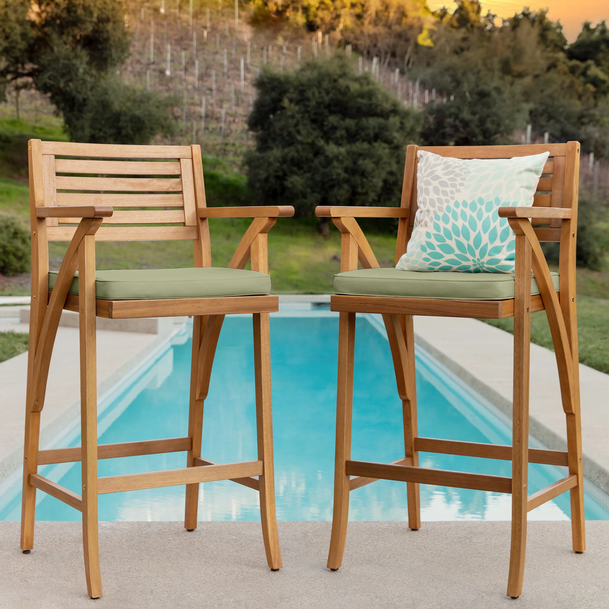 Set of 2 Outdoor Acacia Wood Bar Stools Chairs w/ Weather-Resistant Cushions - Image 24