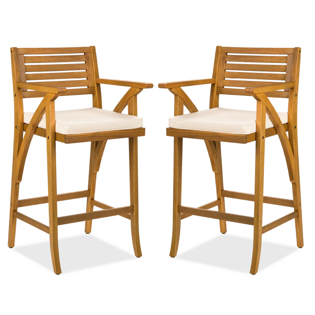 Set of 2 Outdoor Acacia Wood Bar Stools Chairs w/ Weather-Resistant Cushions - Image 29